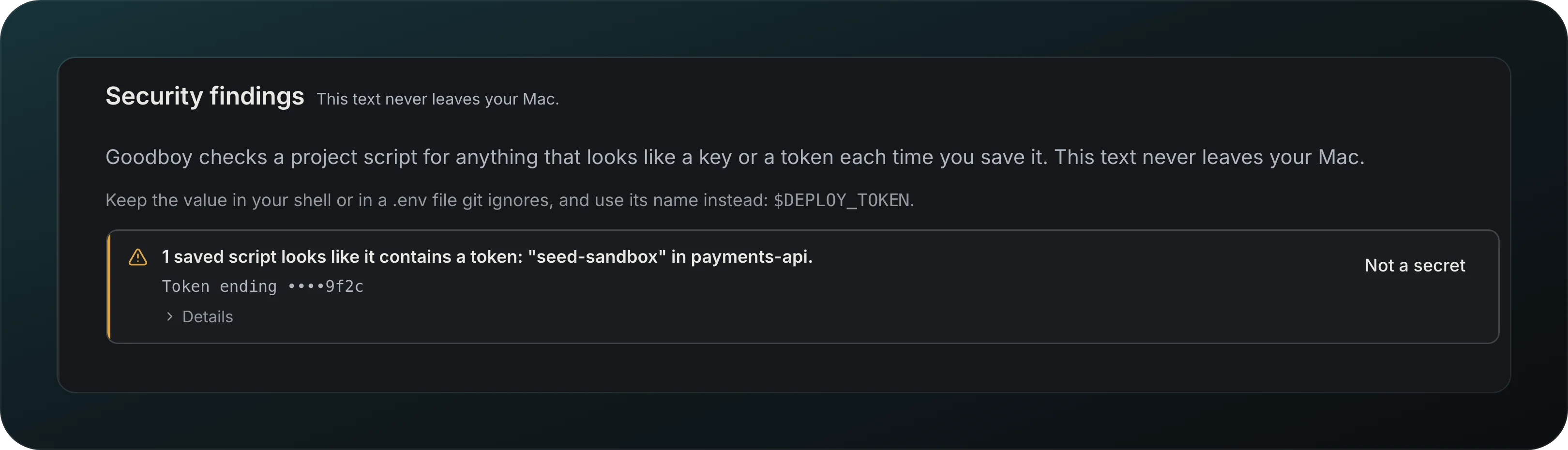 Security findings: 1 saved script looks like it contains a token, seed-sandbox in payments-api, Token ending 9f2c, with Details and the Not a secret button