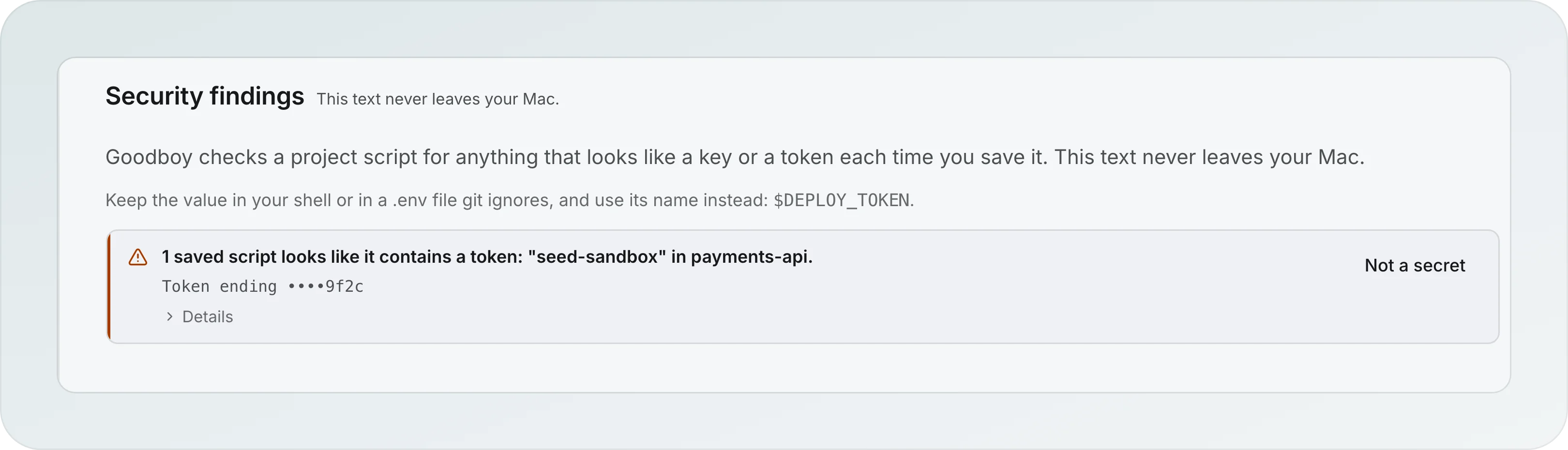 Security findings: 1 saved script looks like it contains a token, seed-sandbox in payments-api, Token ending 9f2c, with Details and the Not a secret button