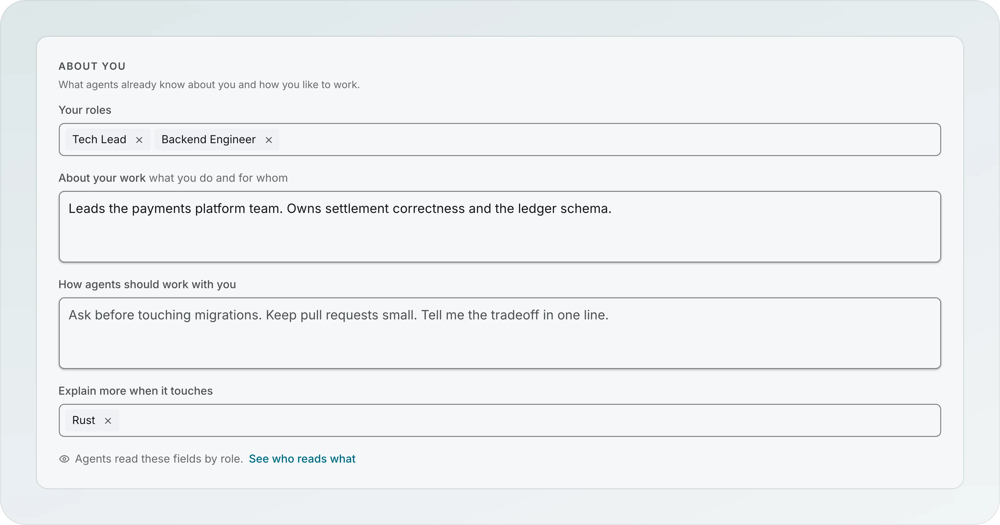 The About you section of workspace settings with four fields: Your roles (Tech Lead, Backend Engineer), About your work, How agents should work with you, and Explain more when it touches (Rust), with a See who reads what link