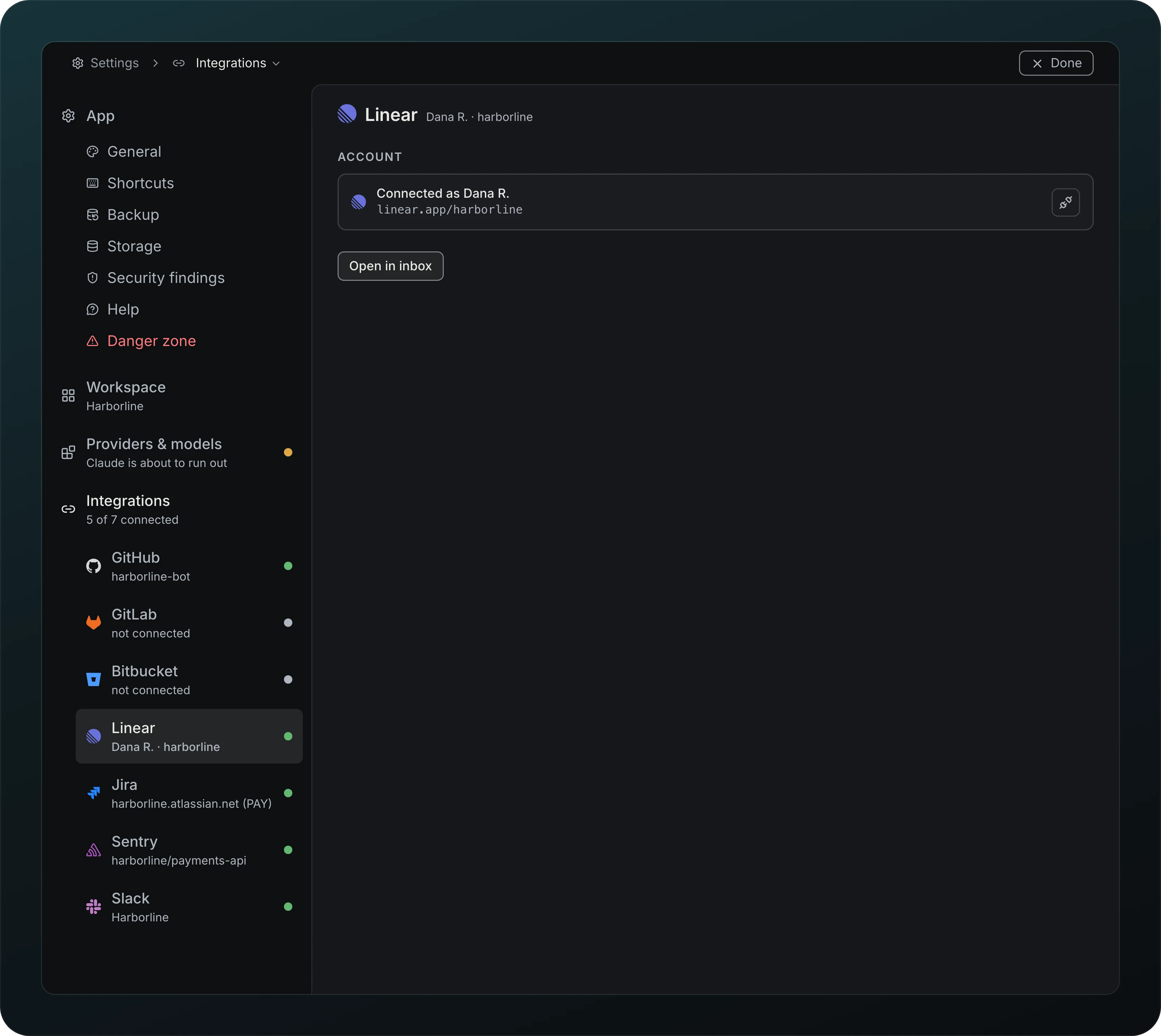 Settings under Integrations, 5 of 7 connected: GitHub, GitLab, Bitbucket, Linear, Jira, Sentry and Slack in the left list with a status dot each, and the Linear page open showing Connected as Dana R. on linear.app/harborline