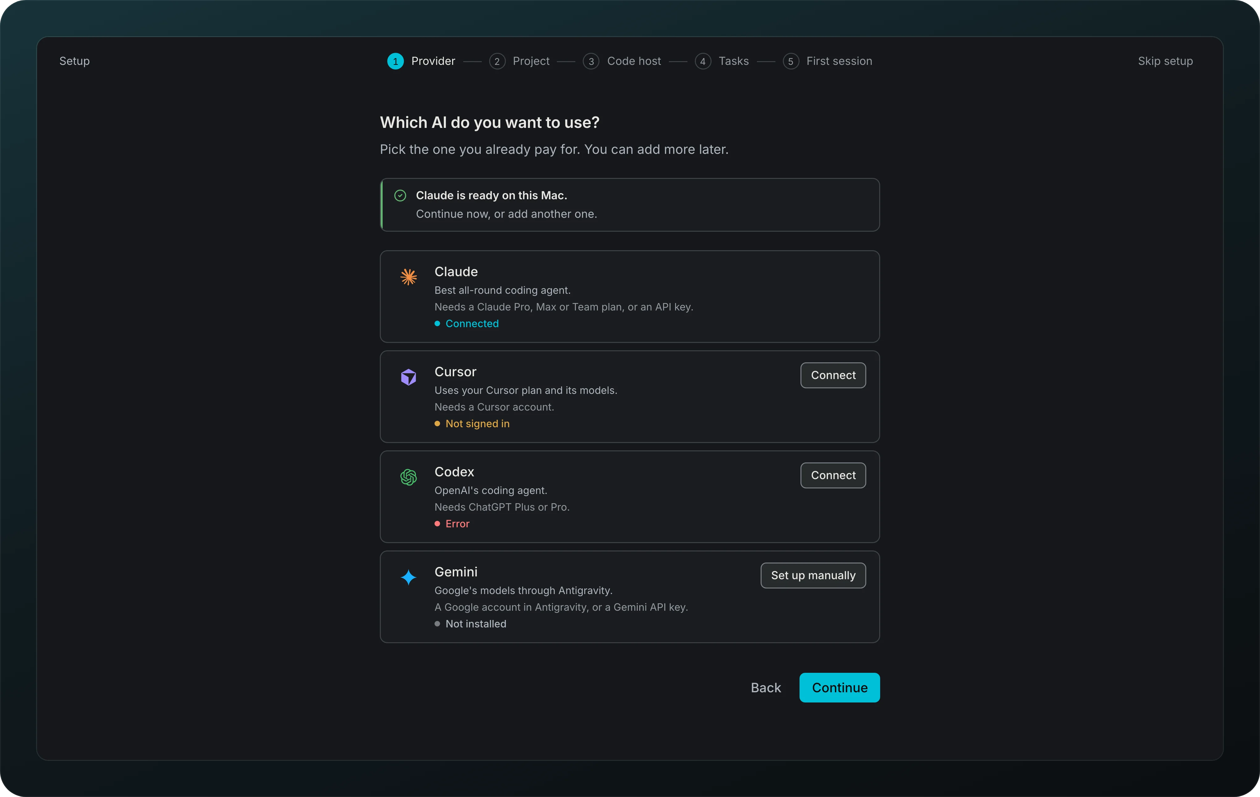 The Provider step of setup: Claude marked Connected, Cursor Not signed in with a Connect button, Codex with an Error status and a Connect button, and Gemini Not installed with a Set up manually button