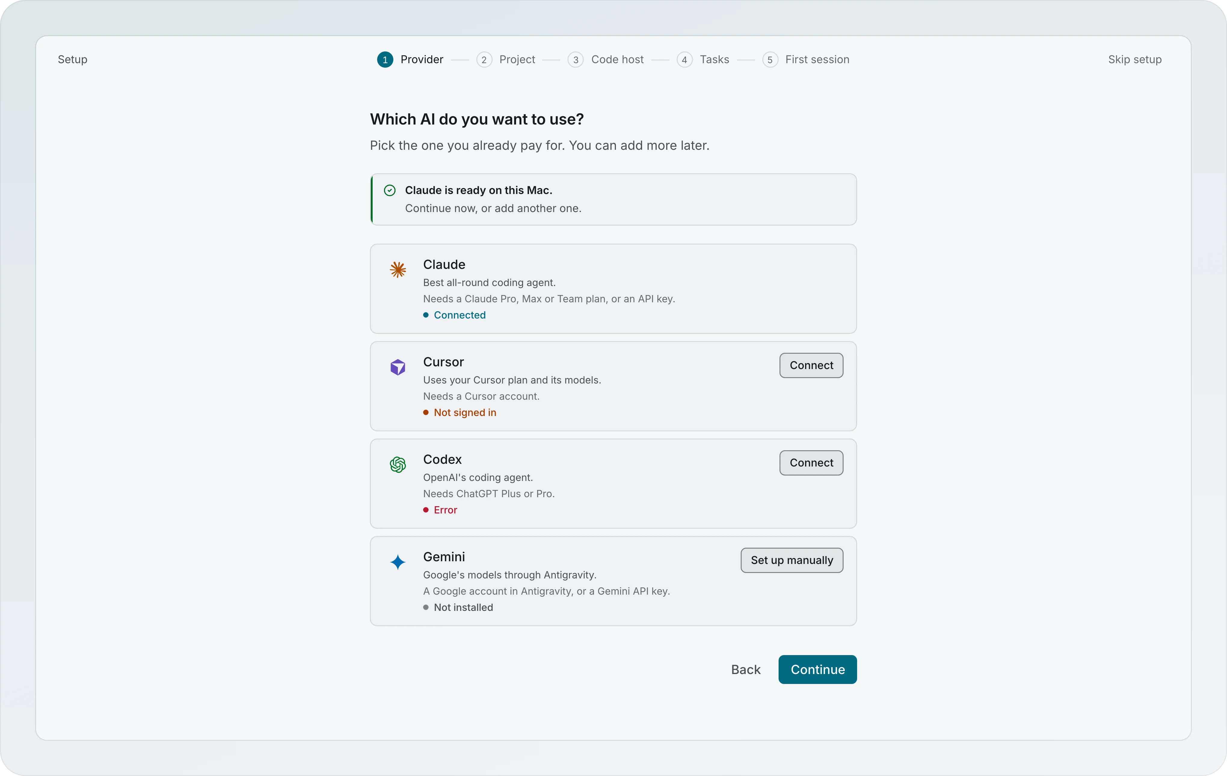 The Provider step of setup: Claude marked Connected, Cursor Not signed in with a Connect button, Codex with an Error status and a Connect button, and Gemini Not installed with a Set up manually button