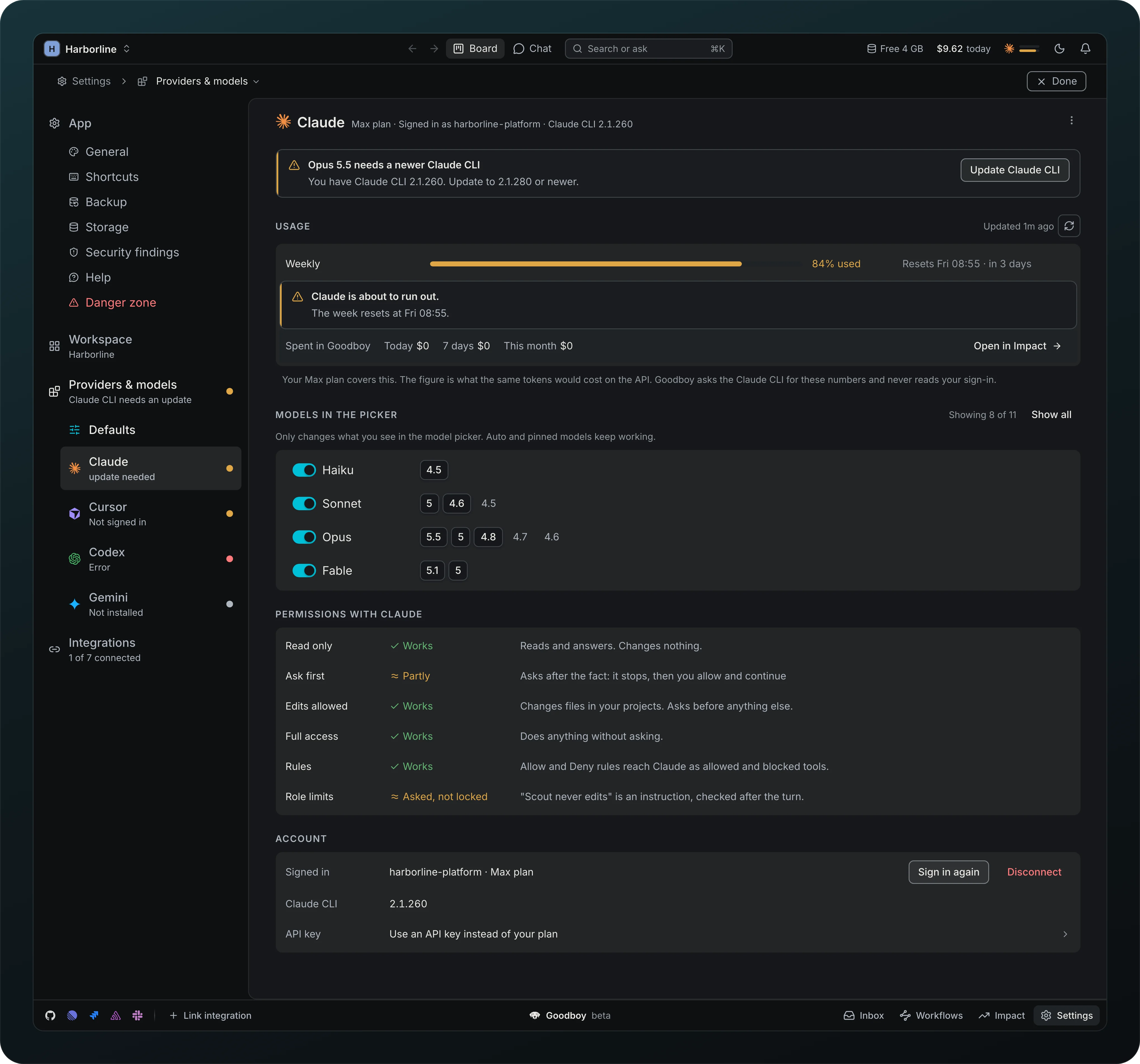 The Claude page in Settings under Providers and models: Usage with a Weekly bar at 84% used, Models in the picker showing Haiku, Sonnet, Opus and Fable, Permissions with Claude, and Account signed in as harborline-platform on the Max plan