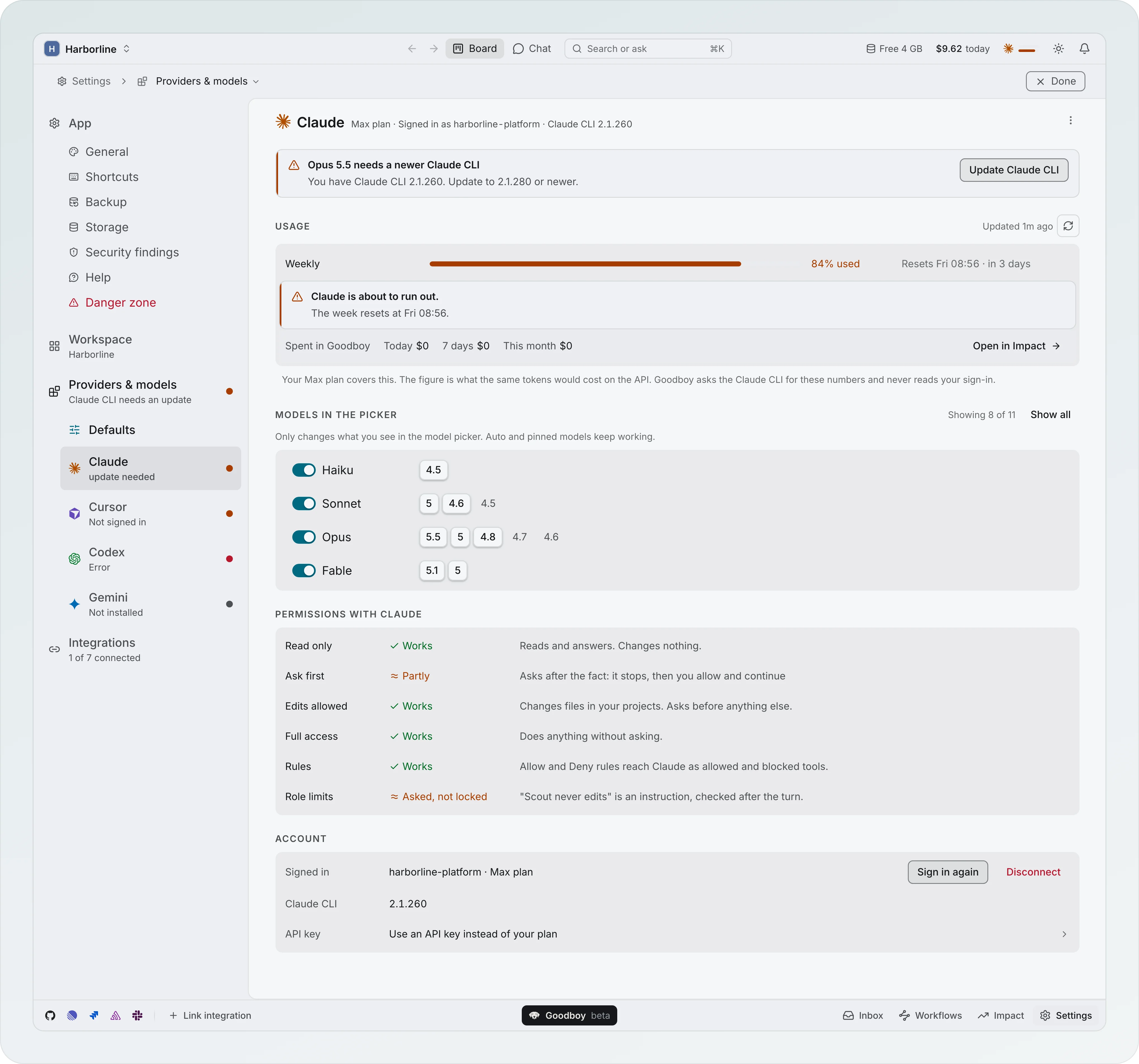 The Claude page in Settings under Providers and models: Usage with a Weekly bar at 84% used, Models in the picker showing Haiku, Sonnet, Opus and Fable, Permissions with Claude, and Account signed in as harborline-platform on the Max plan