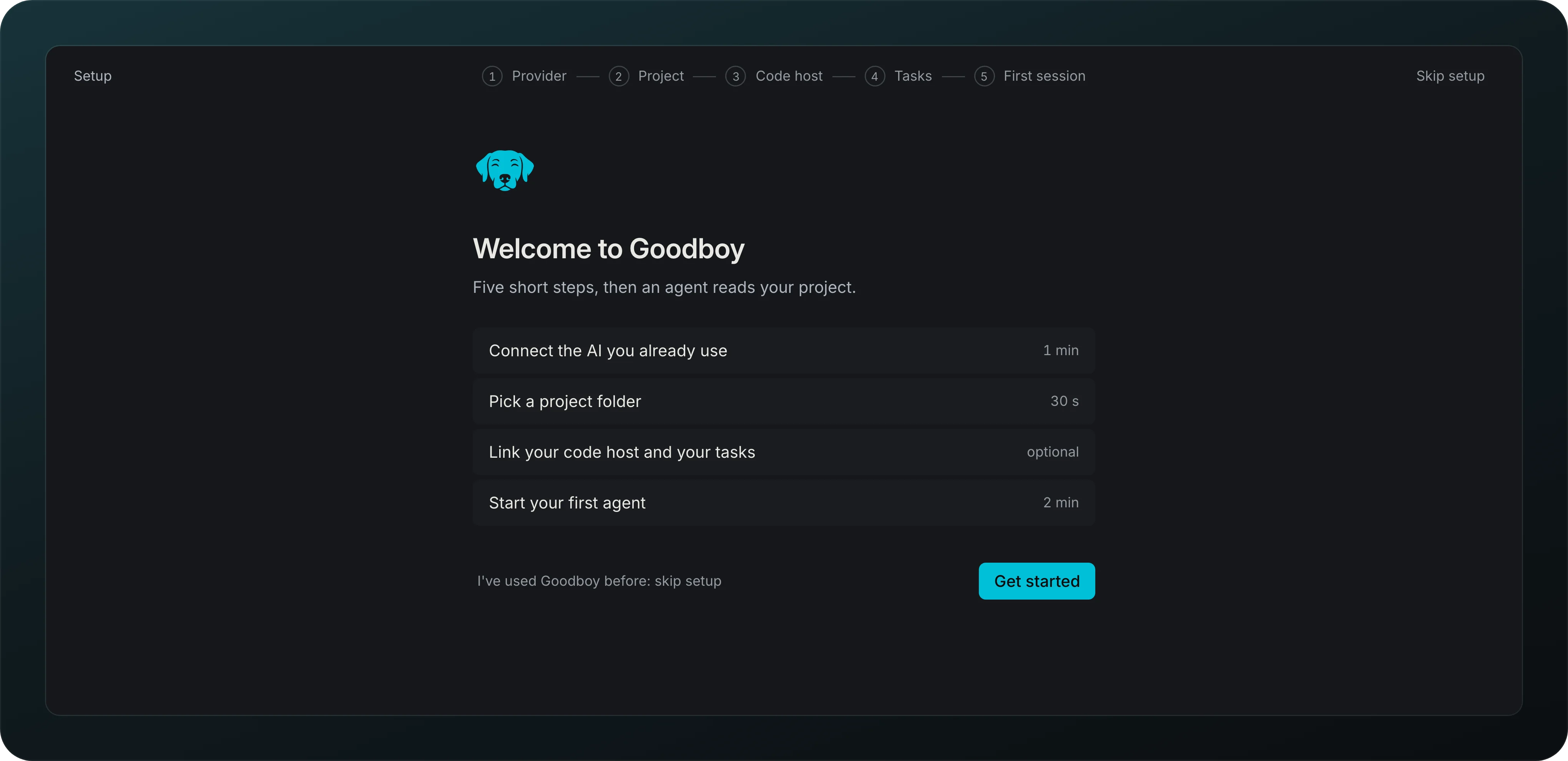 The Welcome to Goodboy screen: a Setup stepper with Provider, Project, Code host, Tasks and First session, the line Five short steps, then an agent reads your project, four rows with their time, and a Get started button