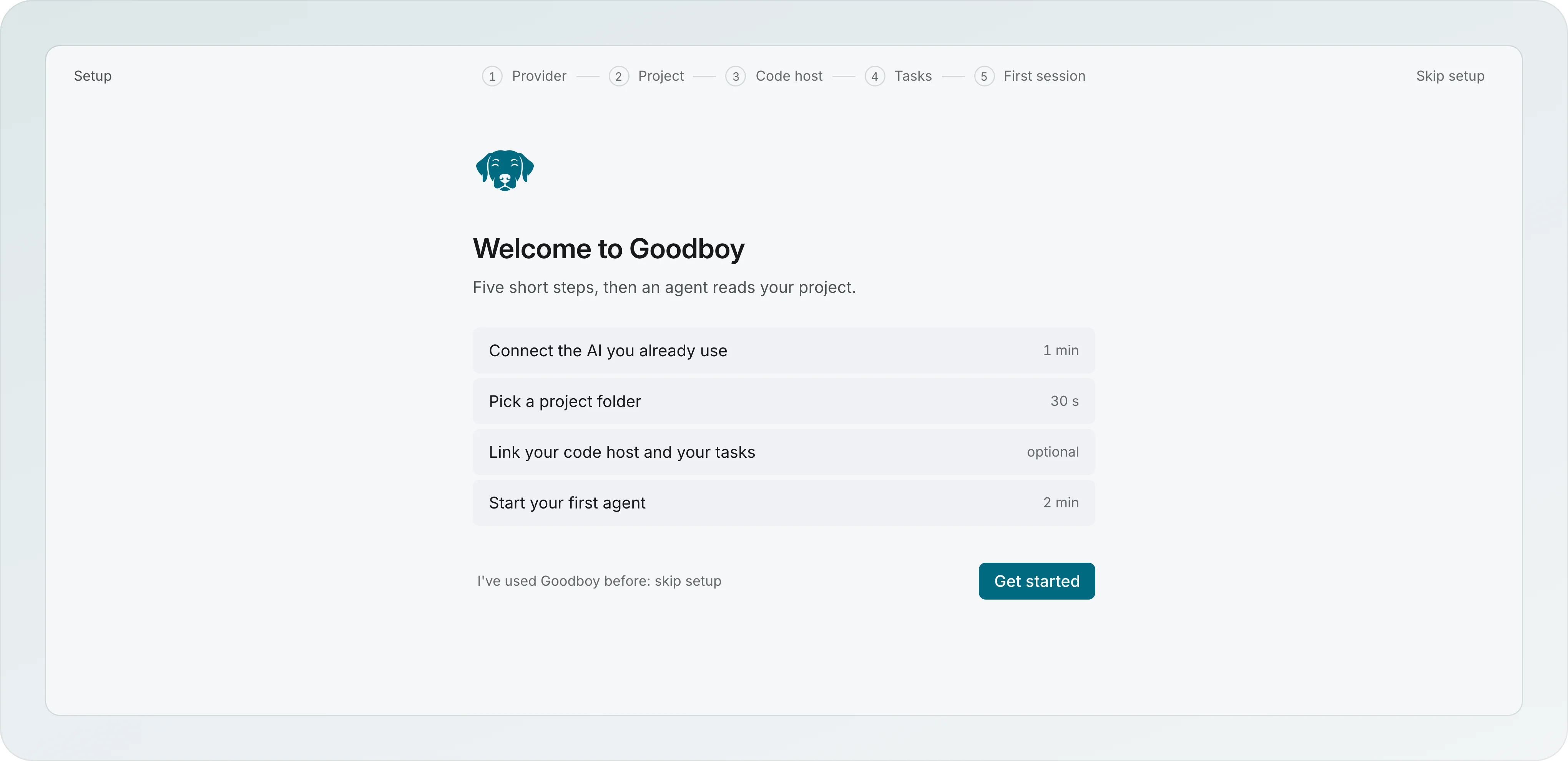 The Welcome to Goodboy screen: a Setup stepper with Provider, Project, Code host, Tasks and First session, the line Five short steps, then an agent reads your project, four rows with their time, and a Get started button