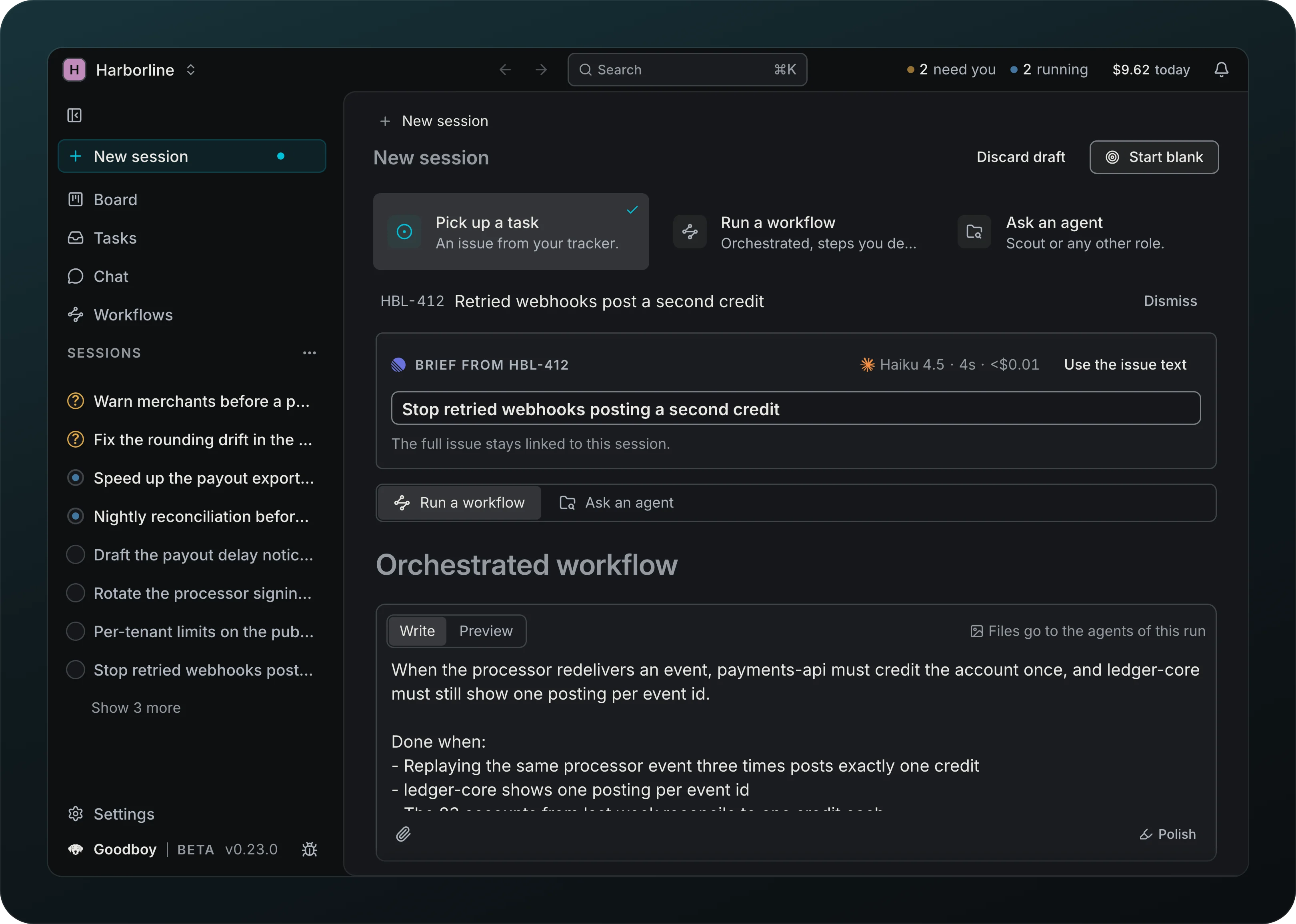 The New session page on Pick a task: the task HBL-412 Retried webhooks post a second credit with Dismiss, then one block titled Brief from HBL-412 with its title ready to edit, and under it the tabs Run a workflow and Ask an agent with the Orchestrated workflow and its brief in a Write and Preview editor