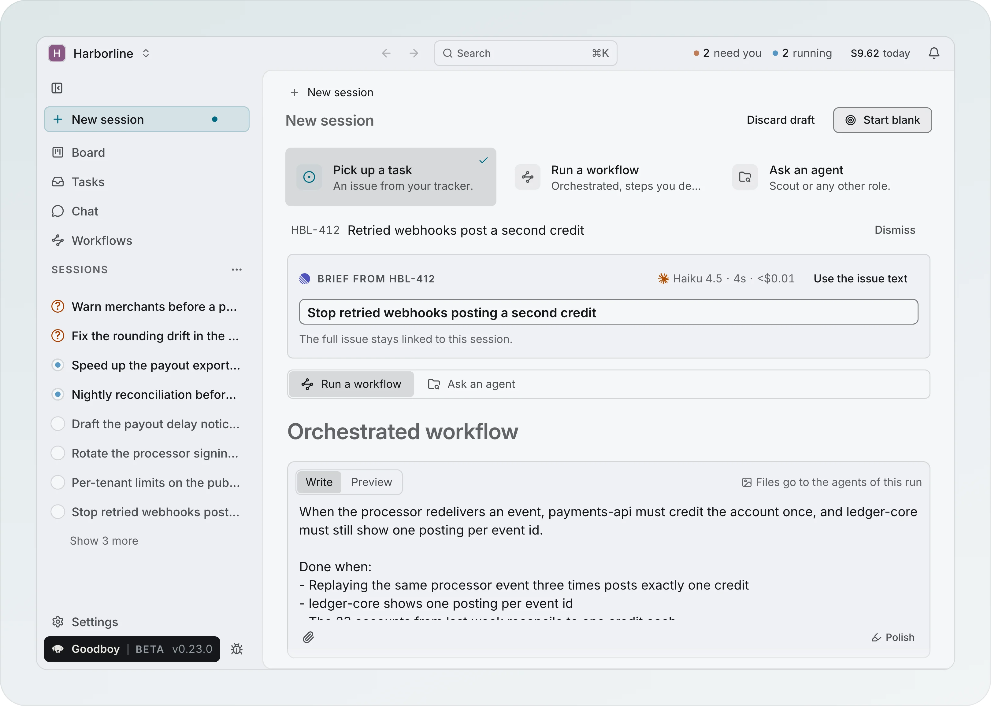 The New session page on Pick a task: the task HBL-412 Retried webhooks post a second credit with Dismiss, then one block titled Brief from HBL-412 with its title ready to edit, and under it the tabs Run a workflow and Ask an agent with the Orchestrated workflow and its brief in a Write and Preview editor