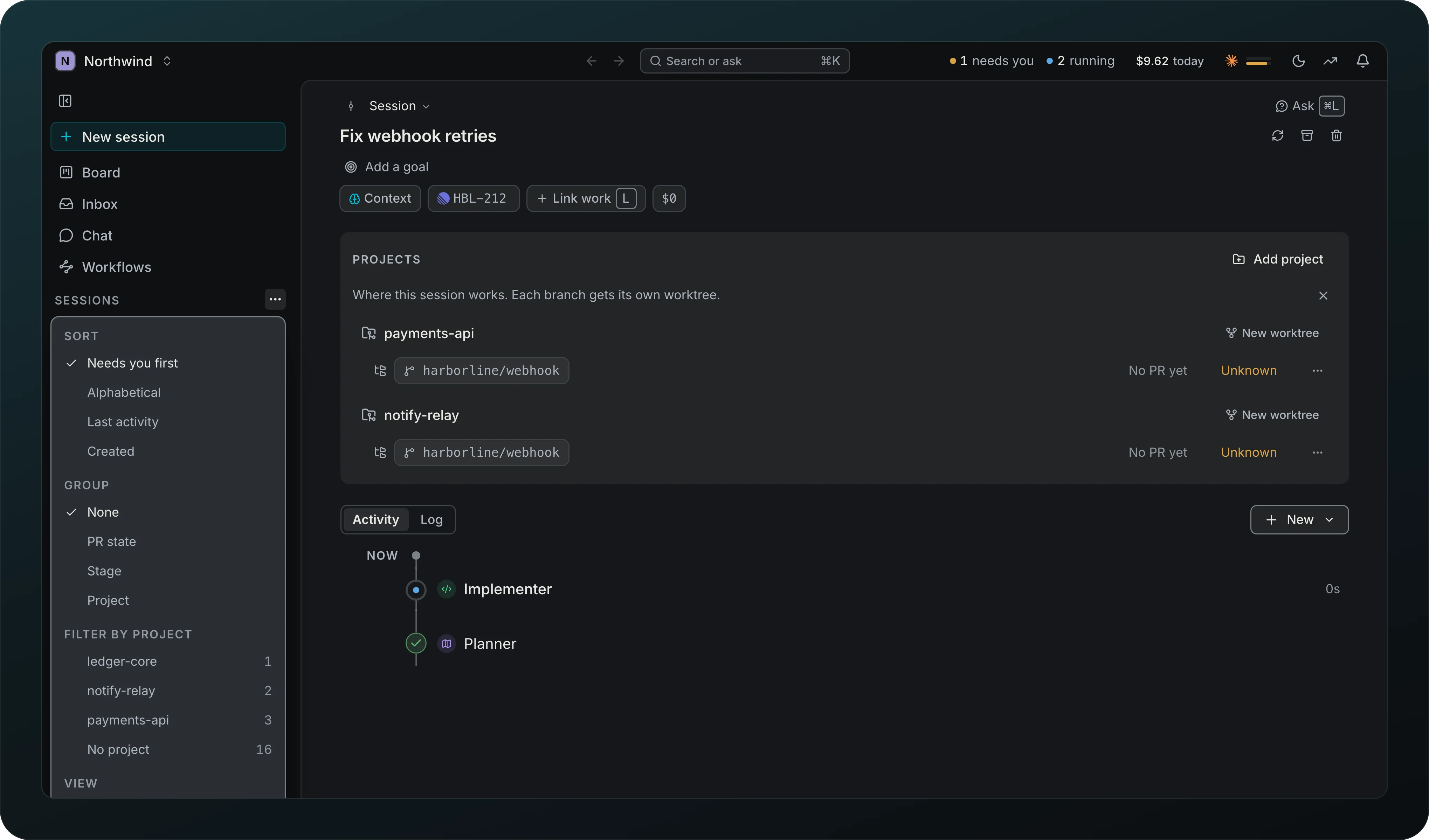 The Sessions options menu open in the left column of the Northwind workspace, with Sort set to Needs you first, Alphabetical, Last activity and Created, Group set to None, PR state, Stage and Project, Filter by project and a View section with Show archived