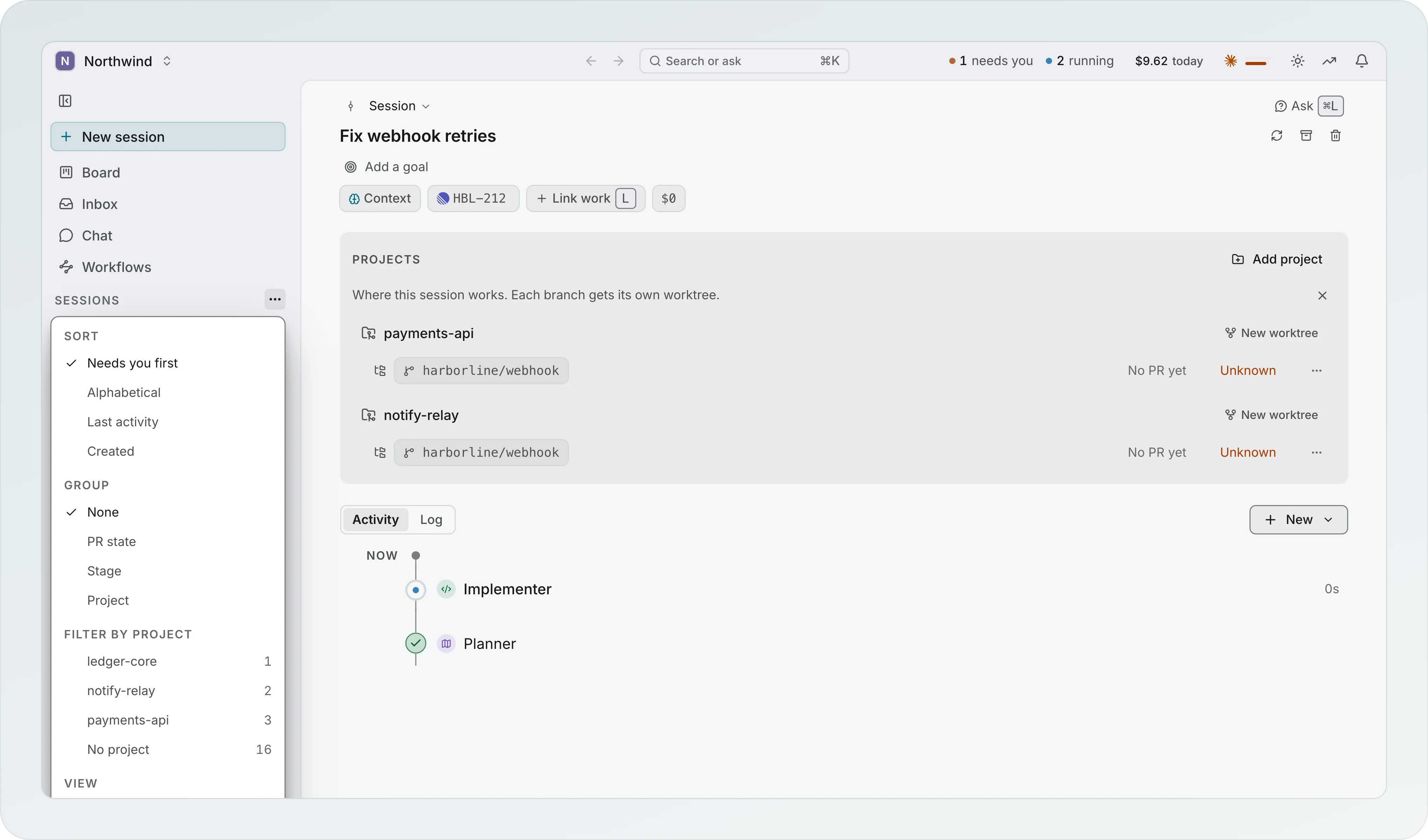 The Sessions options menu open in the left column of the Northwind workspace, with Sort set to Needs you first, Alphabetical, Last activity and Created, Group set to None, PR state, Stage and Project, Filter by project and a View section with Show archived
