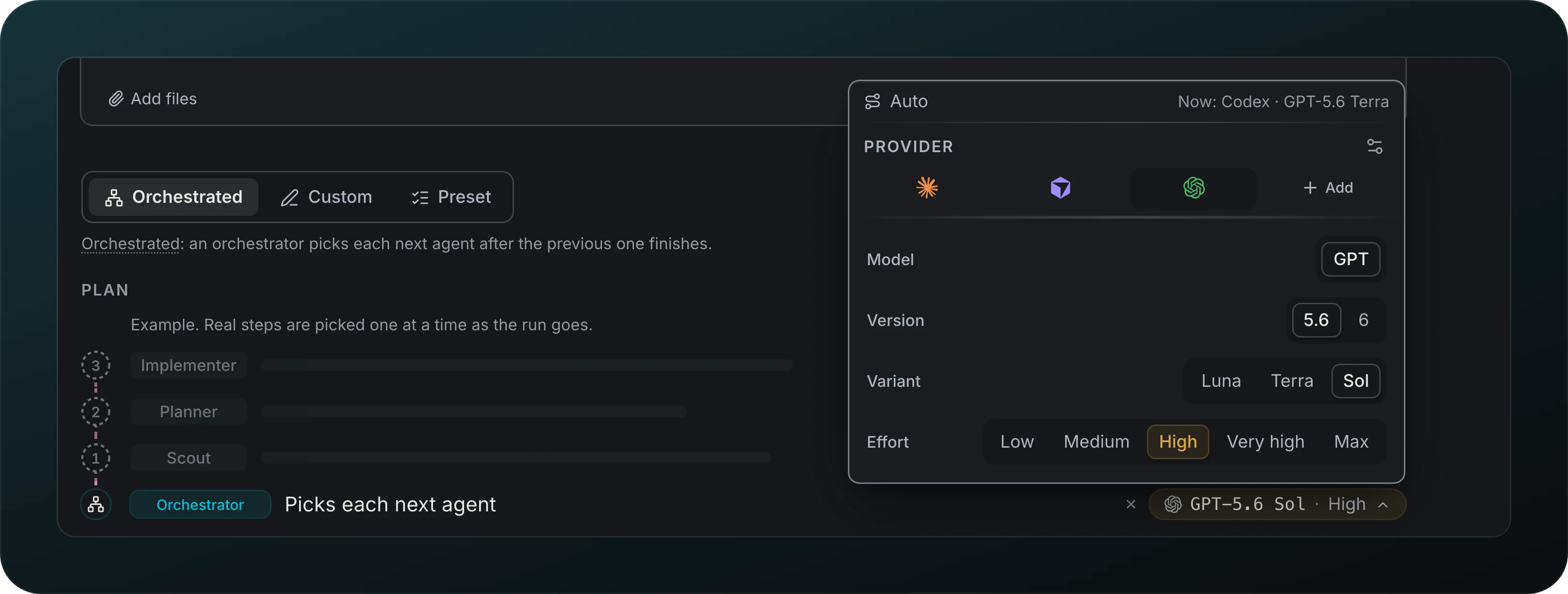 The model picker open on the Orchestrator row of the workflow builder, with the provider icons and the Model, Version, Variant and Effort rows set to GPT, 5.6, Sol and High
