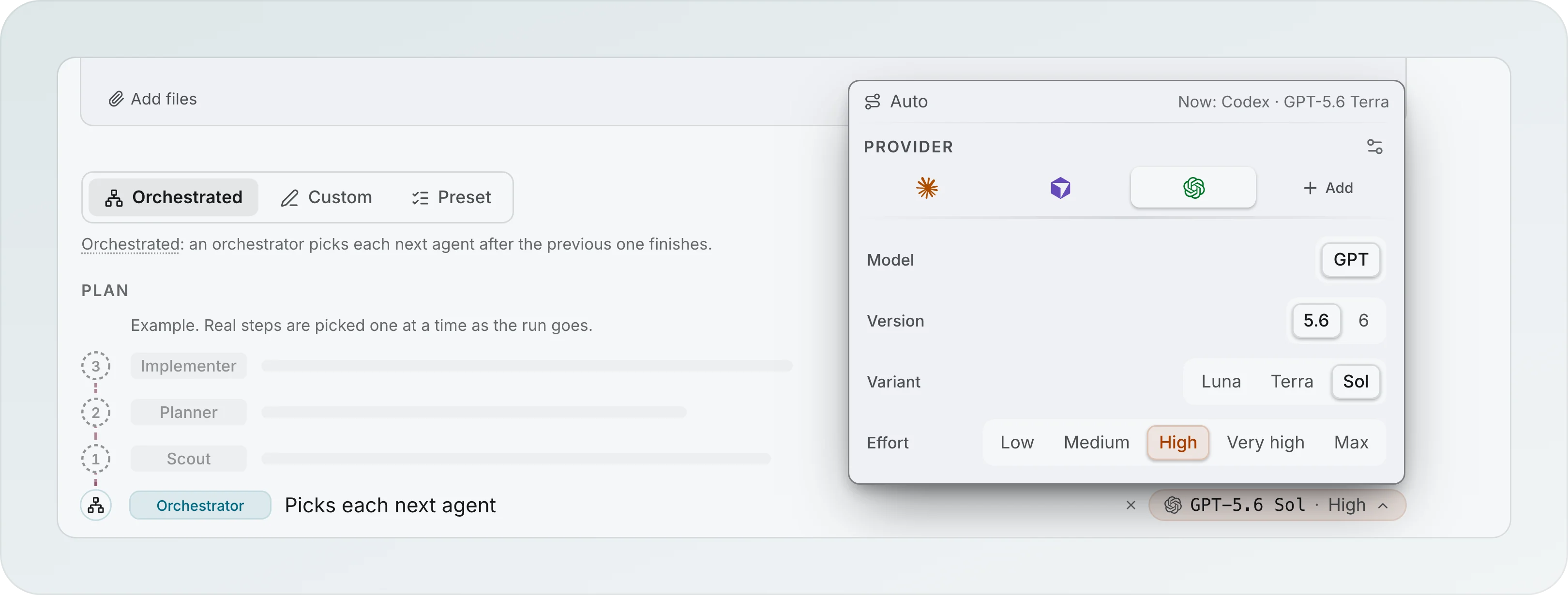 The model picker open on the Orchestrator row of the workflow builder, with the provider icons and the Model, Version, Variant and Effort rows set to GPT, 5.6, Sol and High