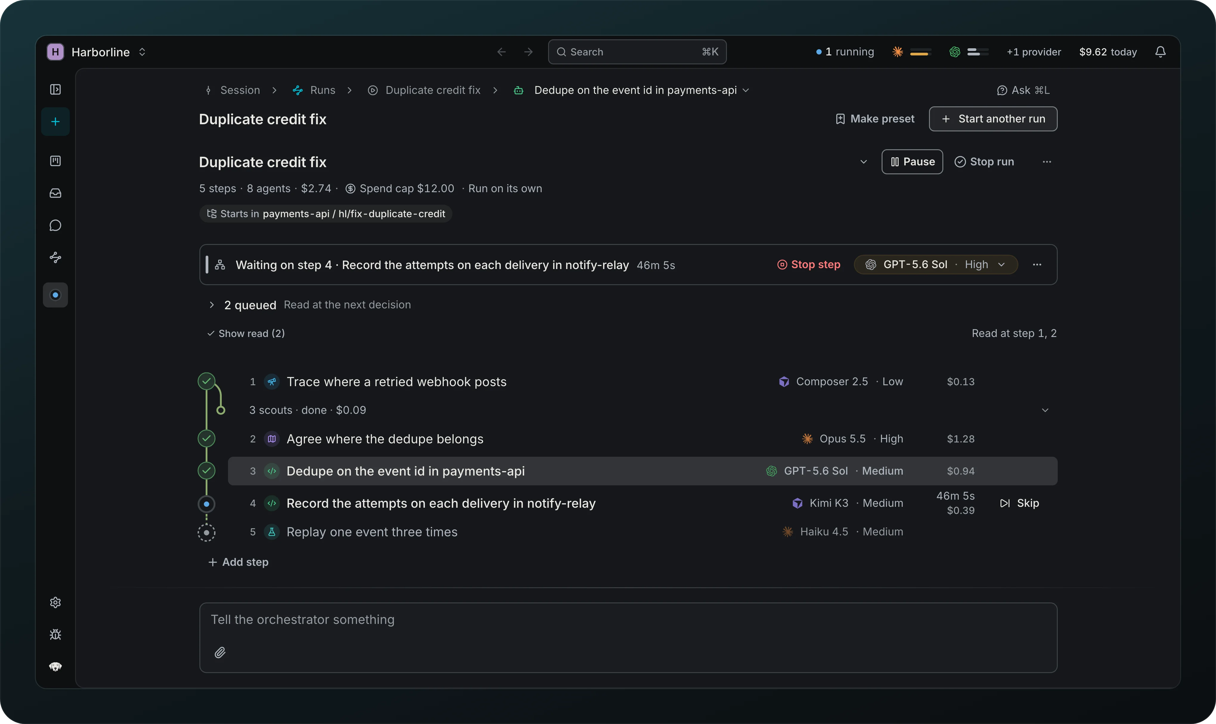 The Duplicate credit fix run on HBL-412: three scouts working in parallel under step 1, then a planner, two implementers and a tester, each on its own model, with Waiting on step 1 above the tree and $0.13 spent of the $12.00 spend limit