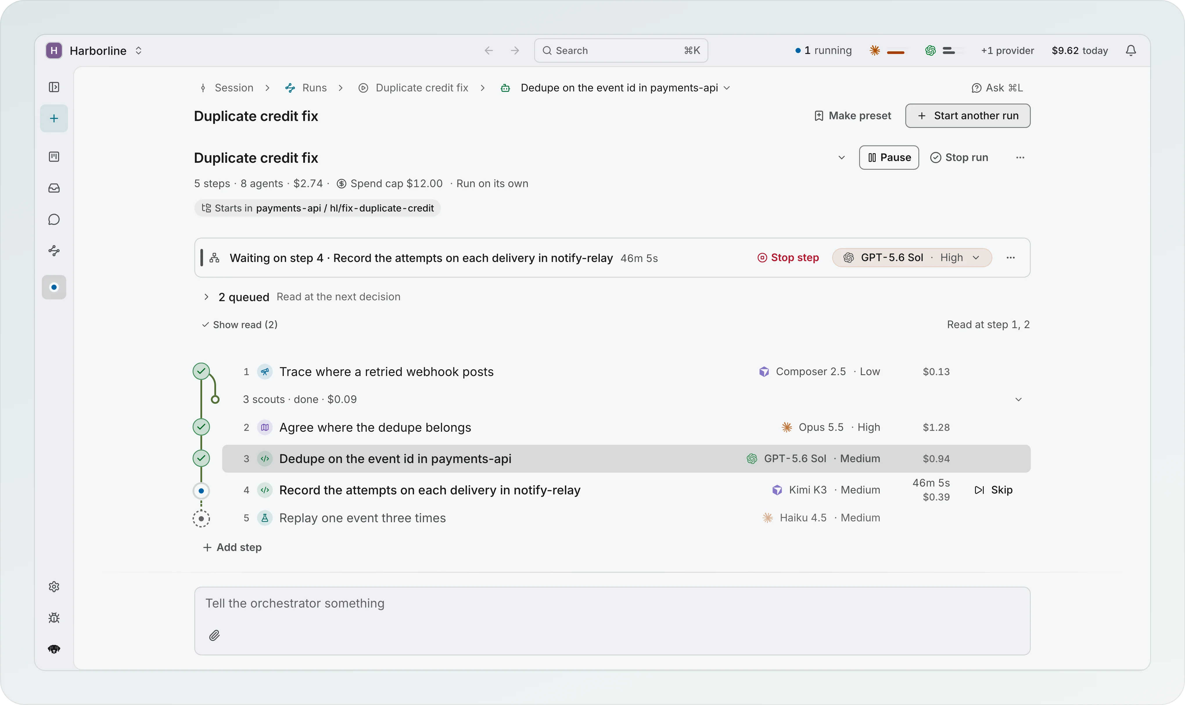 The Duplicate credit fix run on HBL-412: three scouts working in parallel under step 1, then a planner, two implementers and a tester, each on its own model, with Waiting on step 1 above the tree and $0.13 spent of the $12.00 spend limit
