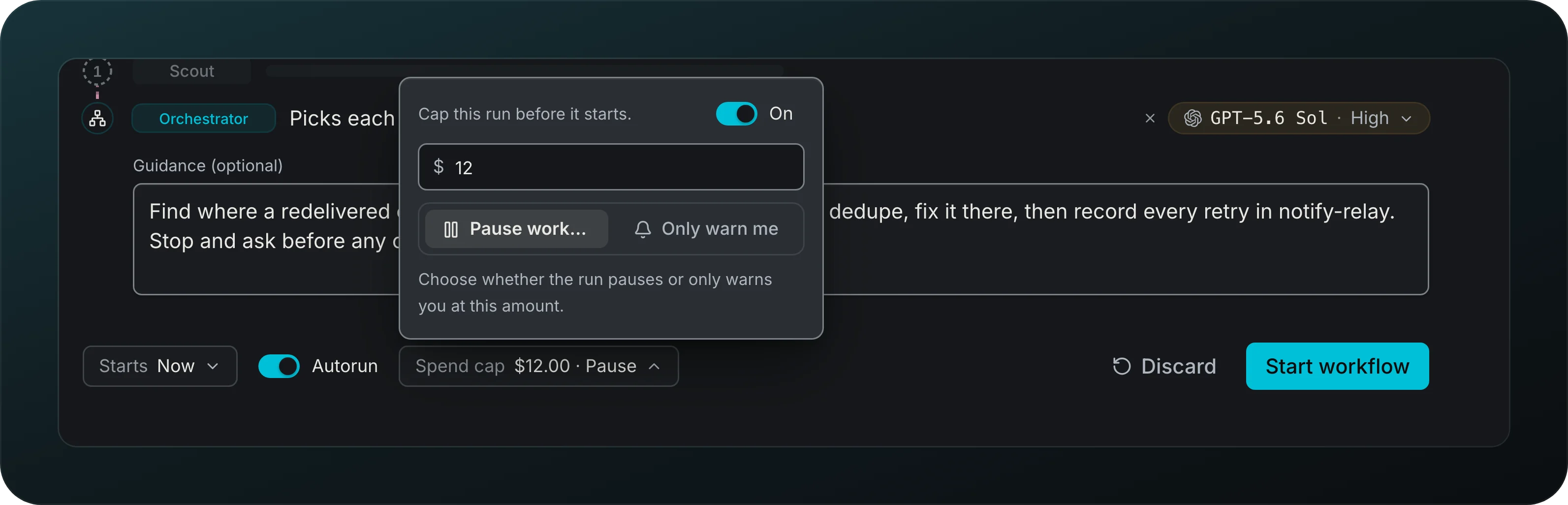 The Spend cap popover in the workflow builder, switched on at $12, with Pause workflows and Only warn me, and the Spend cap chip reading $12.00 · Pause