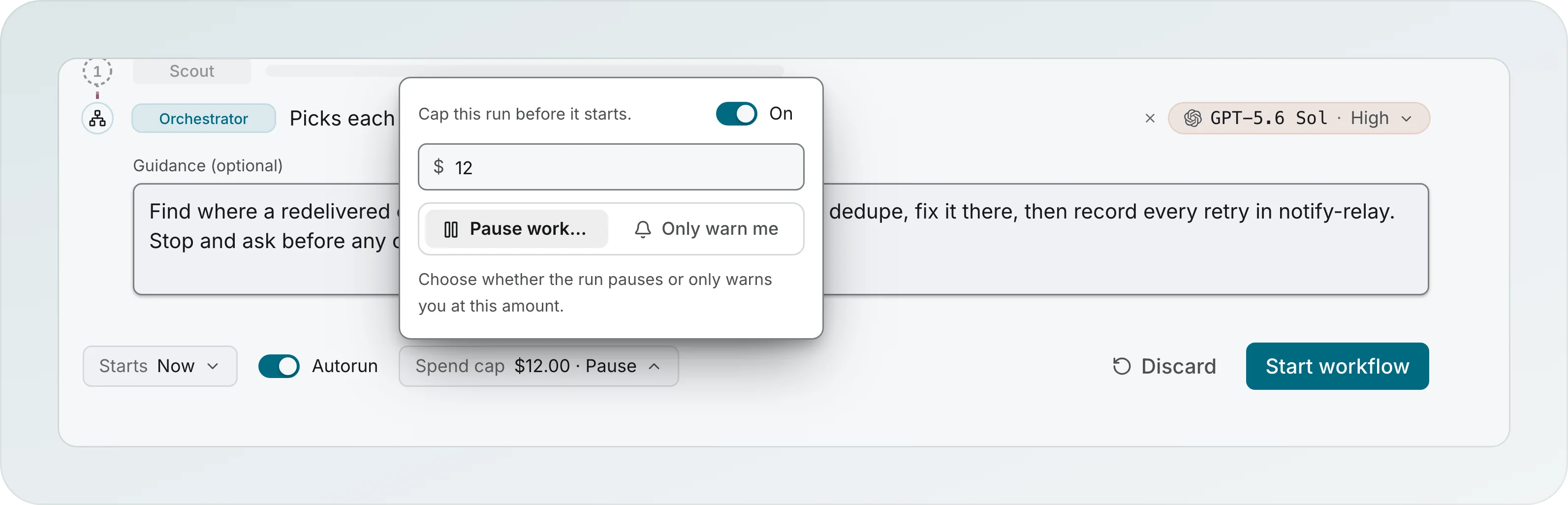 The Spend cap popover in the workflow builder, switched on at $12, with Pause workflows and Only warn me, and the Spend cap chip reading $12.00 · Pause