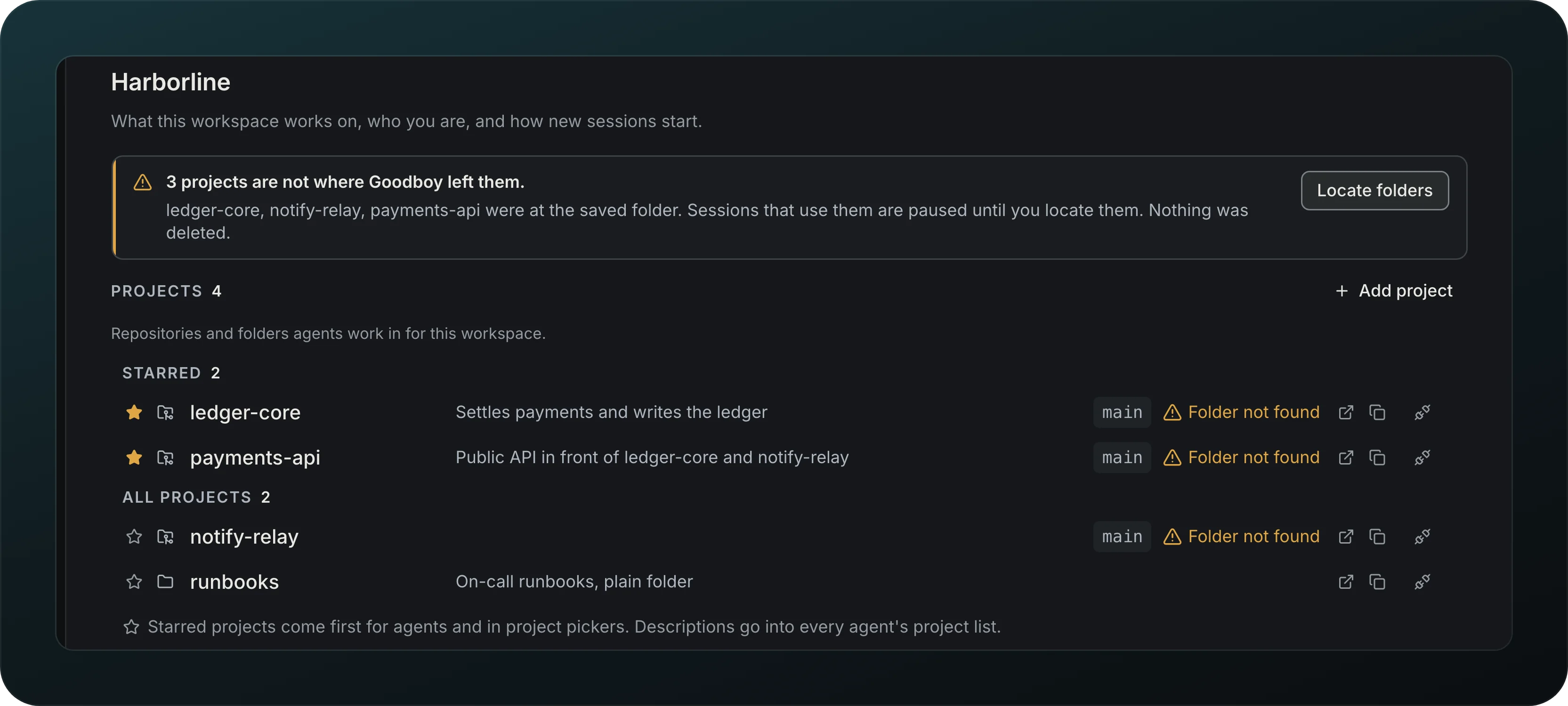 The Harborline workspace settings with a warning, 3 projects are not where Goodboy left them, and a Locate folders button, above the project list where each repo reads Folder not found