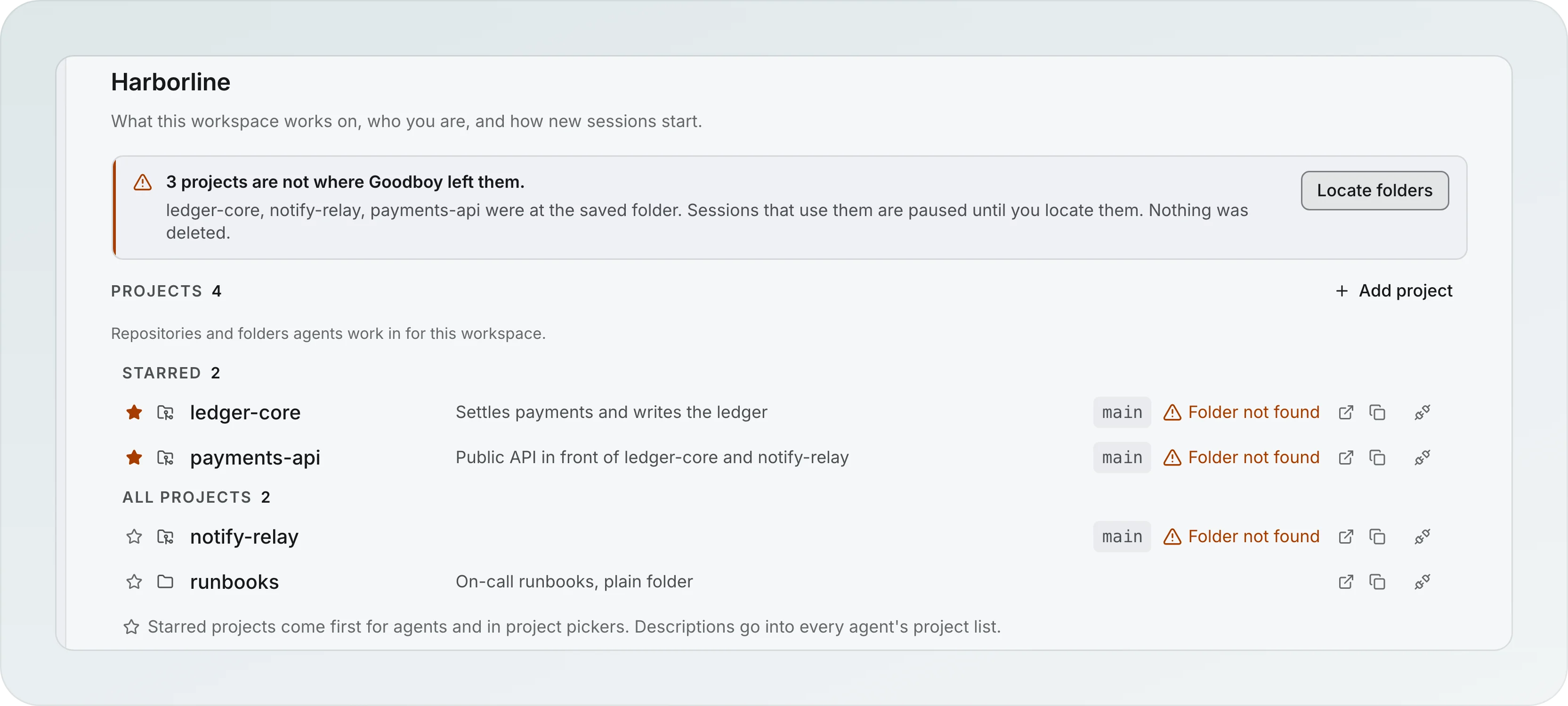 The Harborline workspace settings with a warning, 3 projects are not where Goodboy left them, and a Locate folders button, above the project list where each repo reads Folder not found