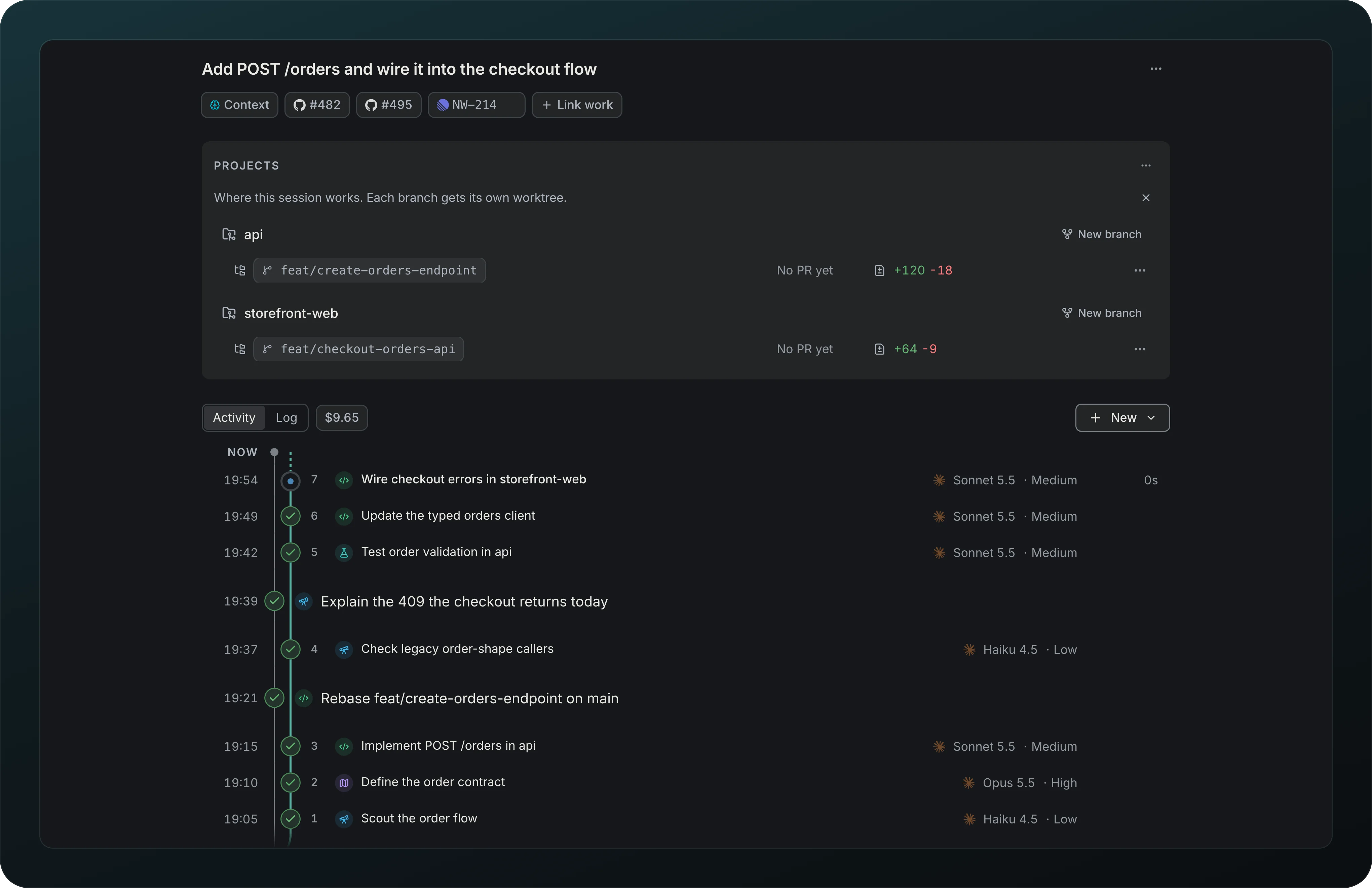 The Northwind workspace with one session open: its Projects section lists api on the branch feat/create-orders-endpoint and storefront-web on feat/checkout-orders-api, each with New branch and its changes, above the activity timeline