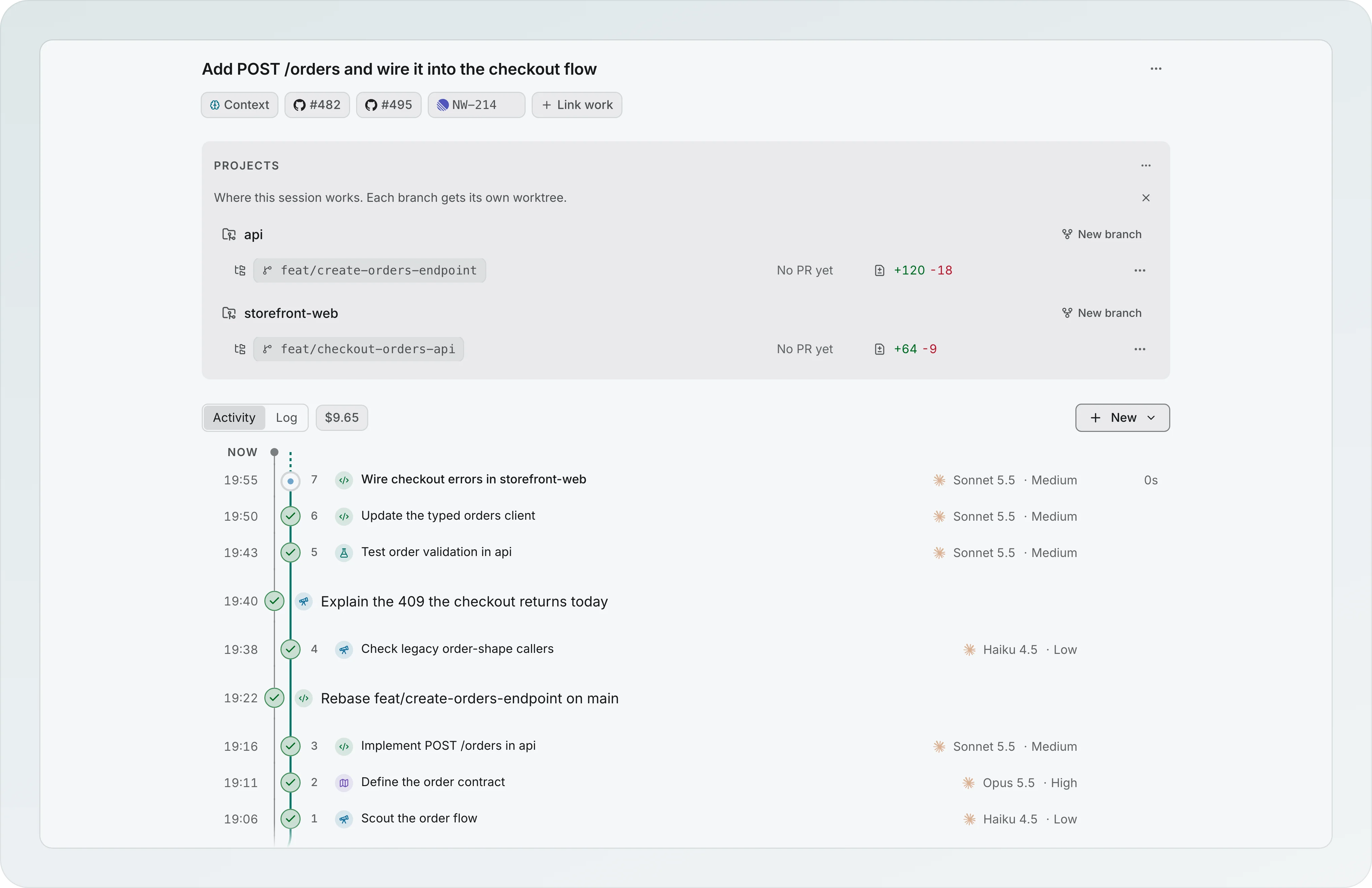The Northwind workspace with one session open: its Projects section lists api on the branch feat/create-orders-endpoint and storefront-web on feat/checkout-orders-api, each with New branch and its changes, above the activity timeline