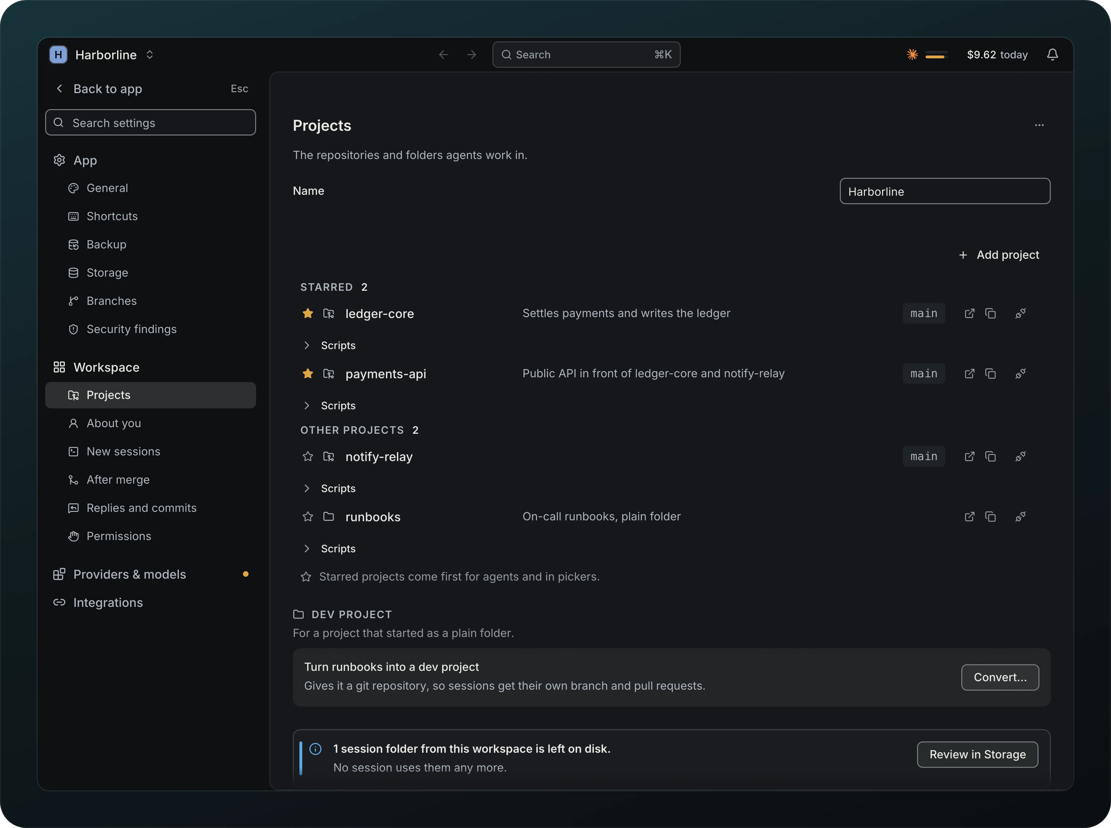 The Harborline workspace settings, Projects: Starred 2 with ledger-core and payments-api and the base branch main, then Other projects 2 with notify-relay and runbooks, a note that starred projects come first for agents, and the Dev project section with Convert