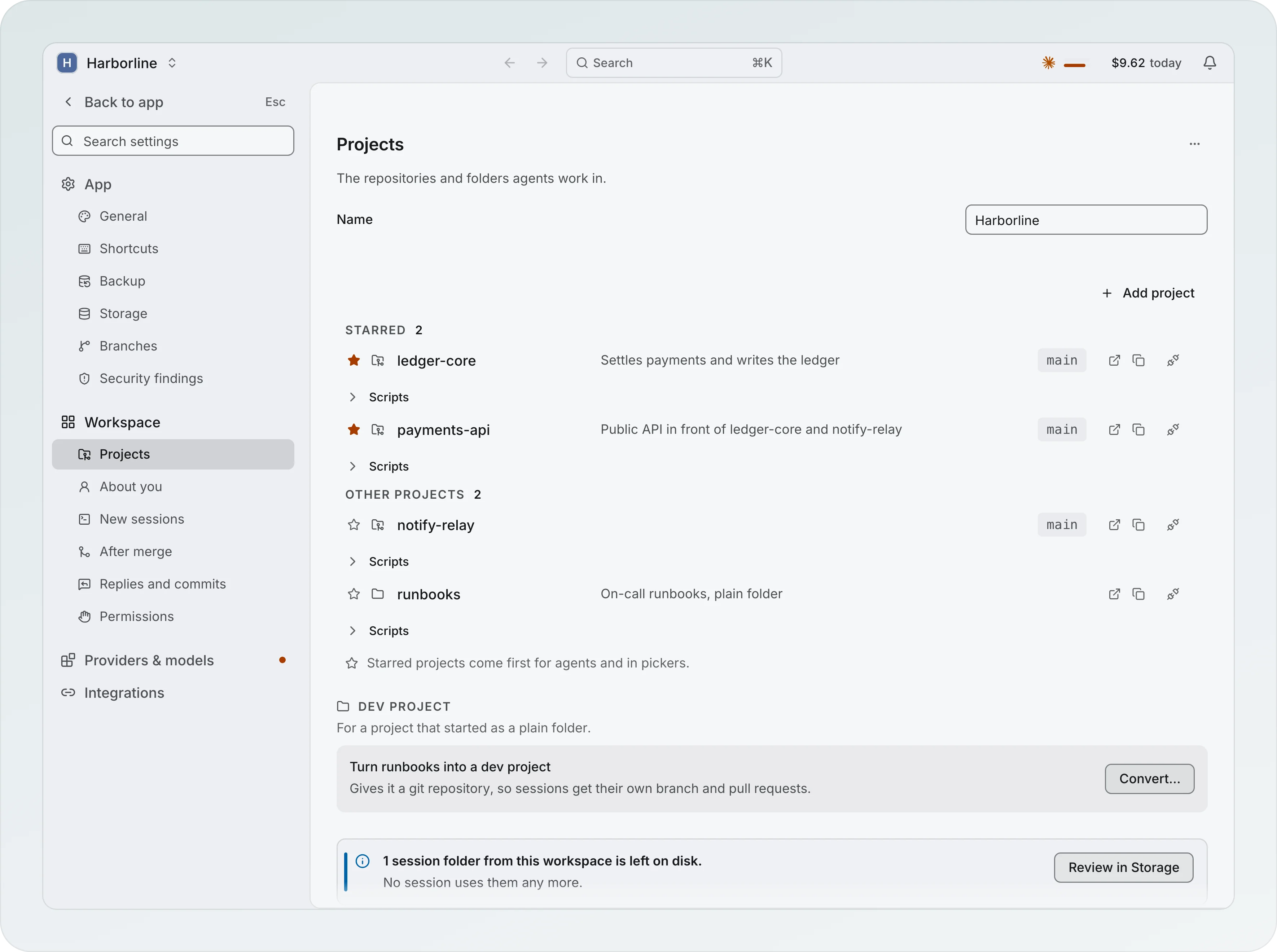 The Harborline workspace settings, Projects: Starred 2 with ledger-core and payments-api and the base branch main, then Other projects 2 with notify-relay and runbooks, a note that starred projects come first for agents, and the Dev project section with Convert