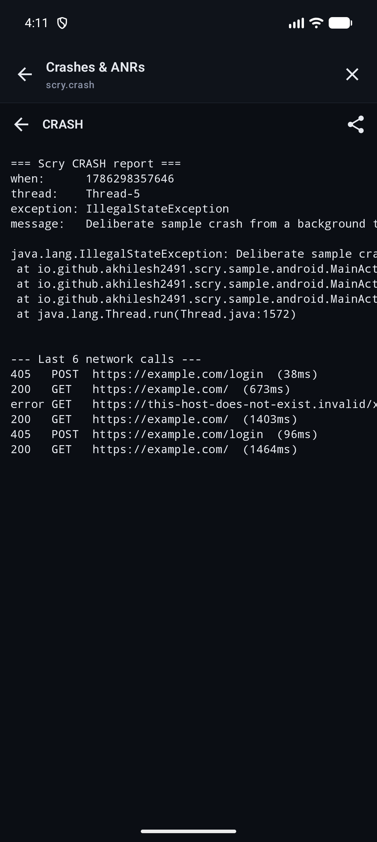Crash report with network context attached