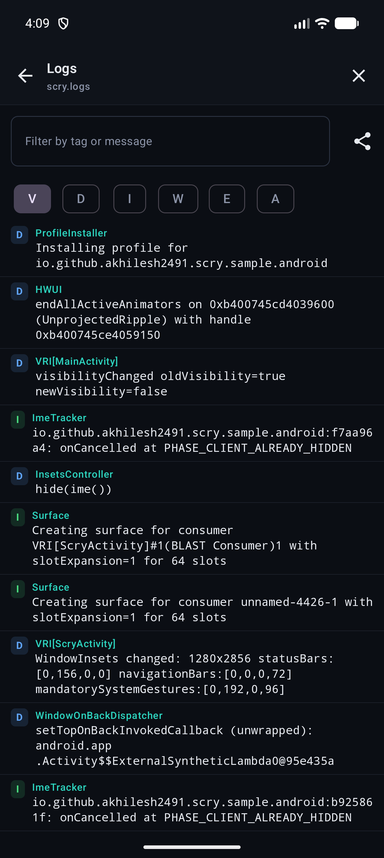 Log viewer with level filtering
