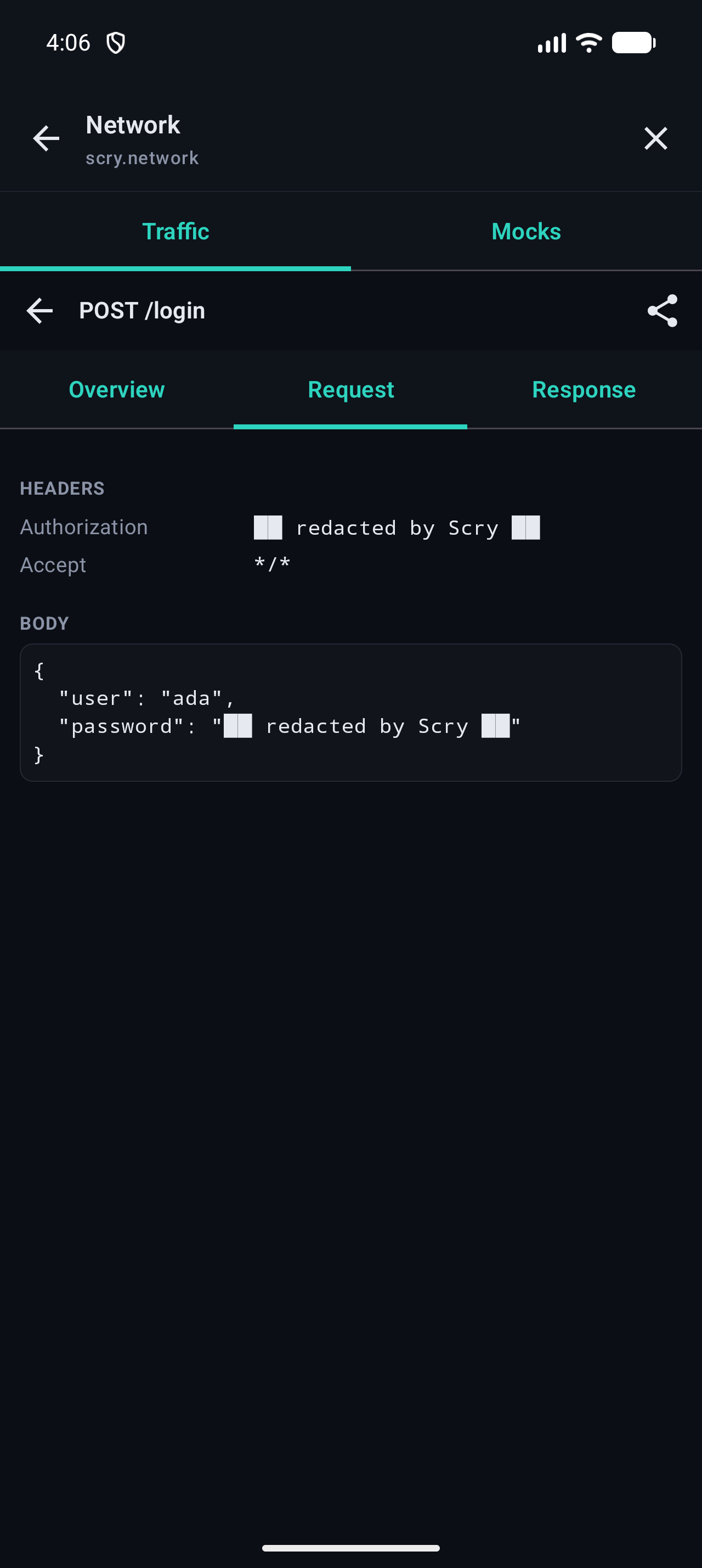 Request detail with a redacted Authorization header