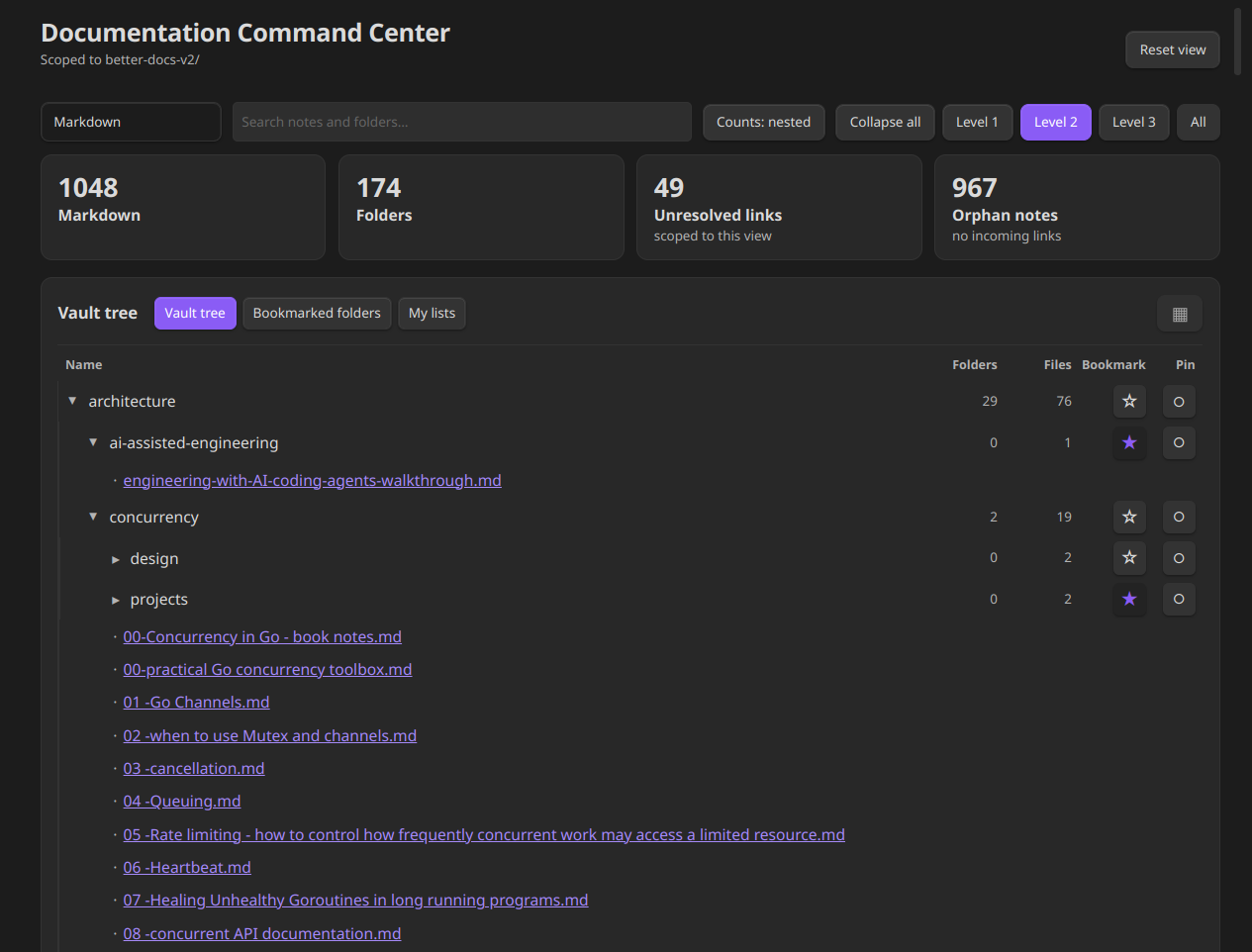 Documentation Command Center dashboard with tabs and bookmarks