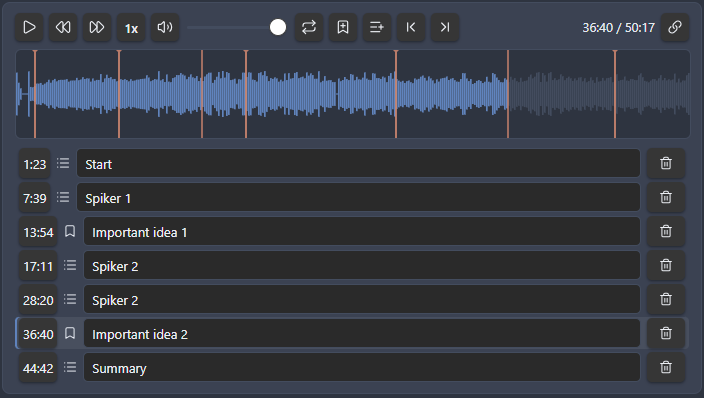 The enhanced audio player showing the waveform, playback controls, and a list of bookmarks and chapters.