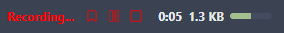 The recording status bar showing the Recording label, control buttons, elapsed time, file size, and input level meter.