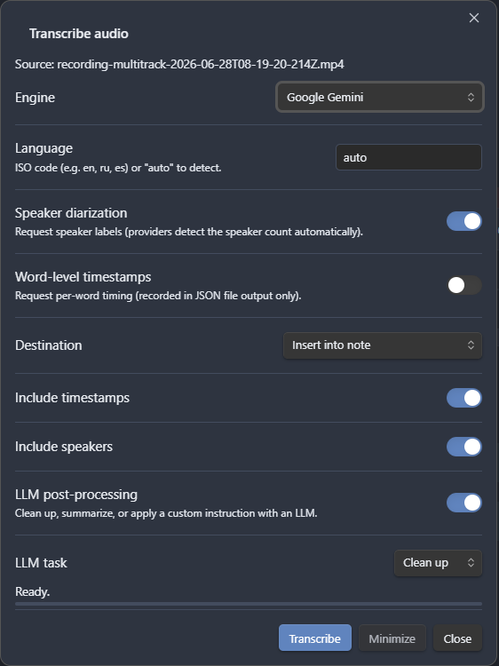 The Transcribe audio dialog with per-run controls for engine, language, speaker diarization, destination, and LLM post-processing.