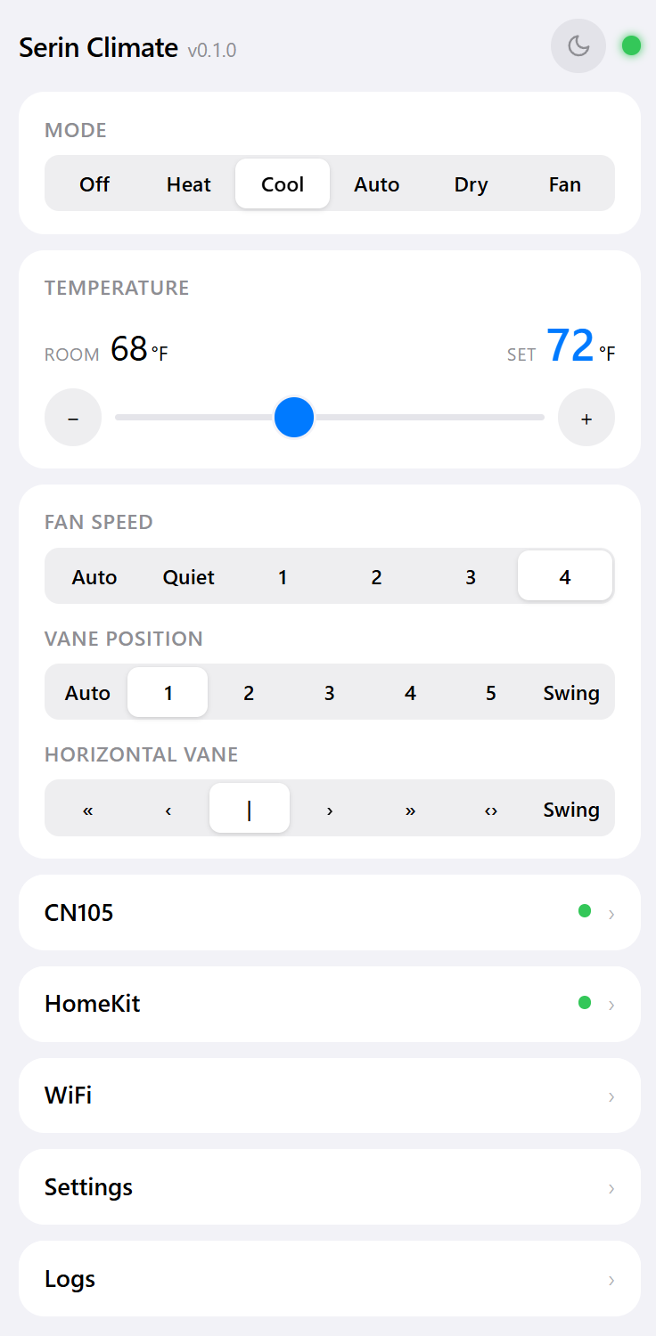 Built-in web UI for thermostat control and diagnostics