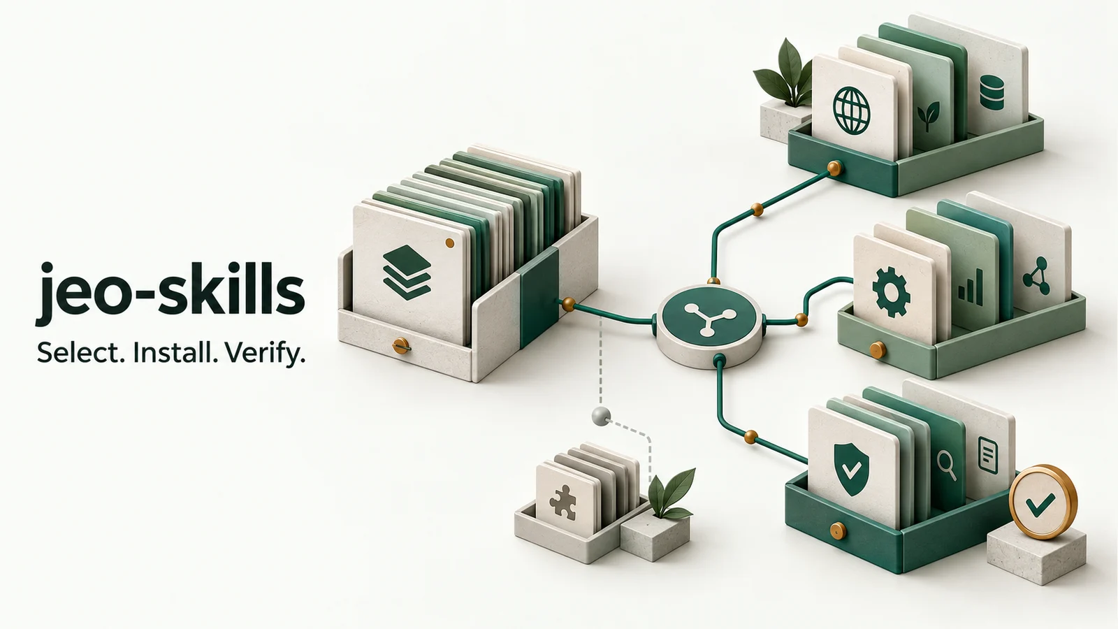 Editorial cover showing the jeo-skills catalog connecting selected agent workflows