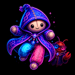 animated jeopi hooded doll mascot with split cyan and magenta pants, watched by a curious jeo-code crayfish