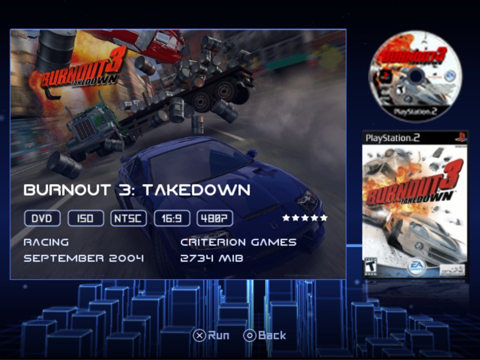 The info page reached with Right: Burnout 3 with its badges, five stars, genre, developer, release and size