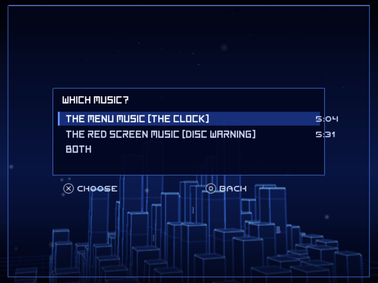 BIOS Music: WHICH MUSIC? The menu music (the clock) 5:04, the red screen music (disc warning) 5:31, both