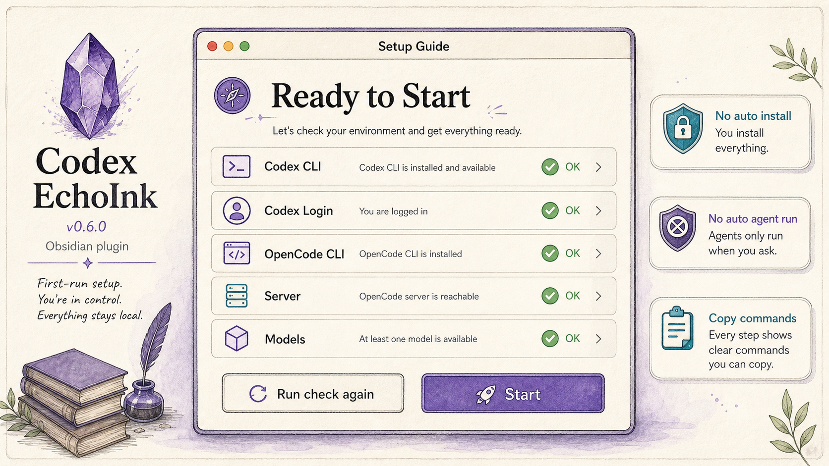 Codex EchoInk first-run setup guide checks Codex CLI, Codex login, OpenCode, server, and models before Start.