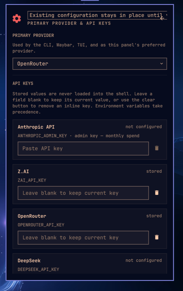Native Omarchy Quattro settings page showing the primary-provider selector and API-key controls