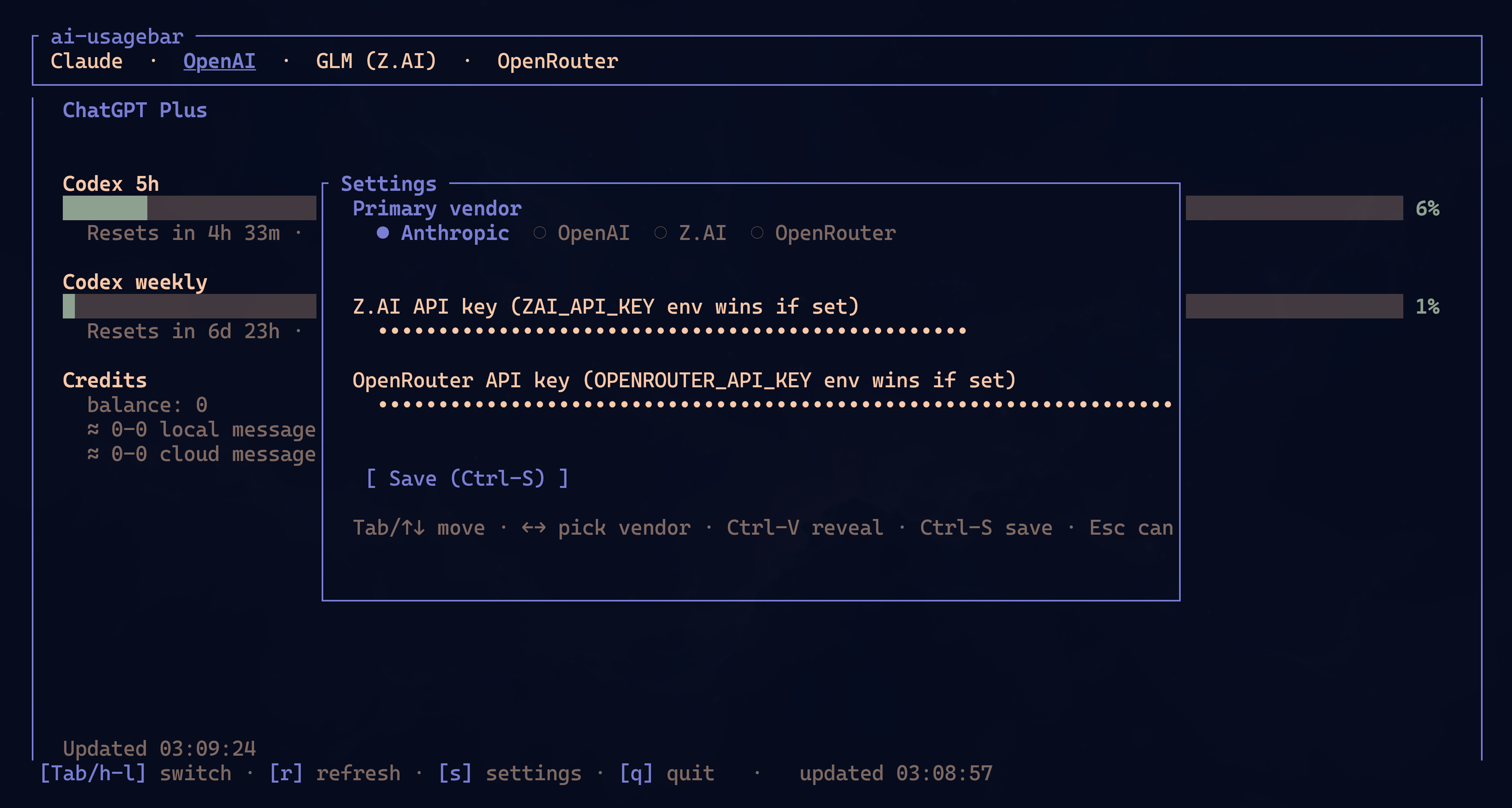 Settings overlay floating over the TUI — Primary vendor radio (Claude selected), masked Z.AI API key (•••), masked OpenRouter API key (•••), Save button, key hints at bottom. This older screenshot predates later API-key providers described below.