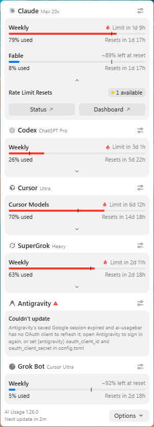 Windows tray popover dashboard — provider cards for Claude, Codex, Cursor, SuperGrok, Antigravity and Grok Bot with capsule meters, "used / Resets in" lines under each bar, pace notes such as "Limit in 1d 9h" and "~92% left at reset", an Antigravity card showing its sign-in error, and the footer with the AI Usage version, a "Next update in" countdown and the Options menu