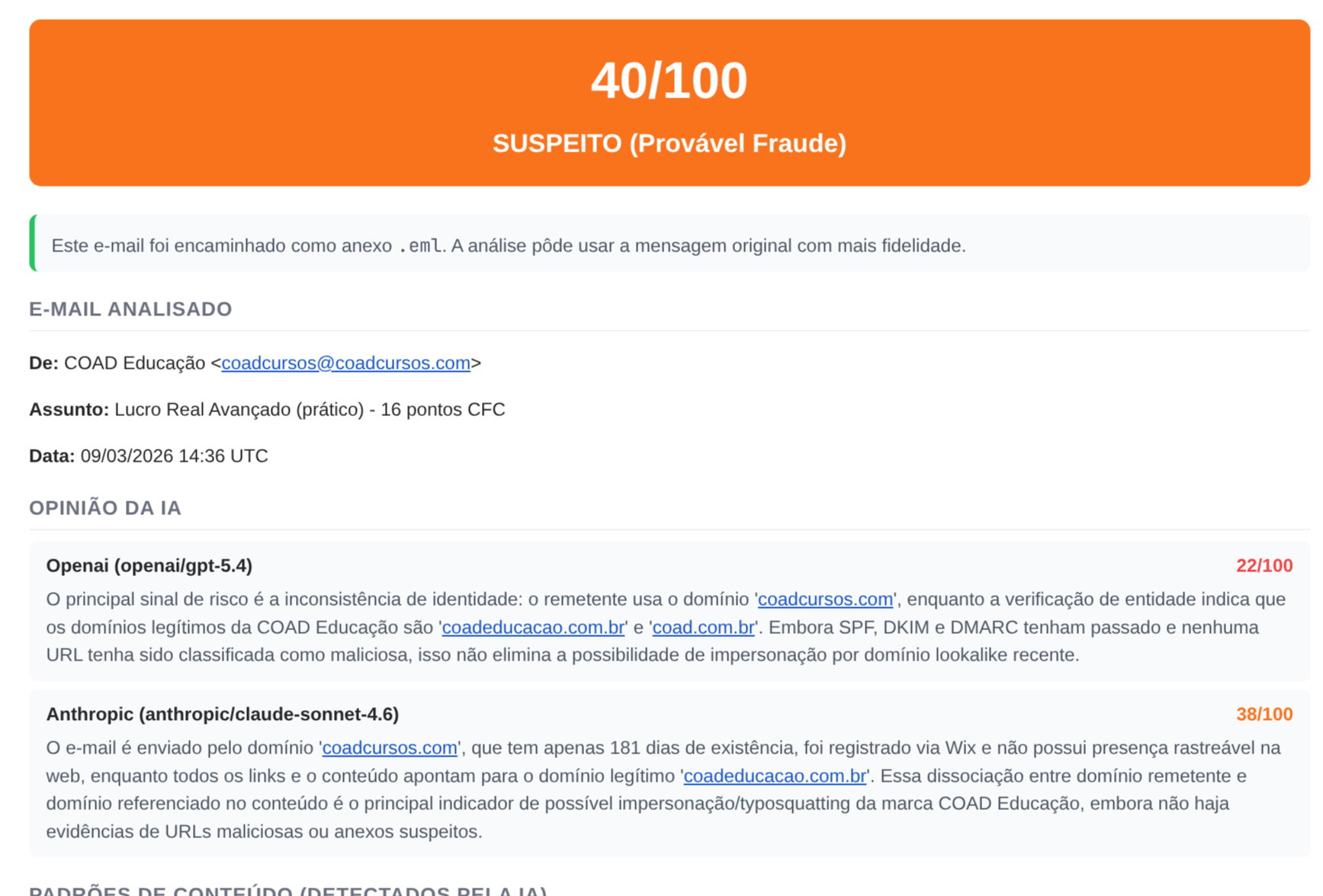 Relatório de email suspeito - score 40/100
