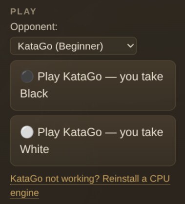 Choosing a KataGo opponent and color