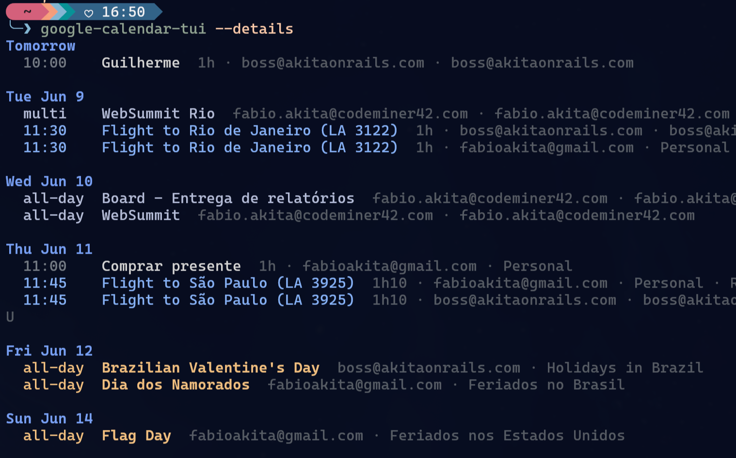 google-calendar-tui showing a colored agenda in stdout mode