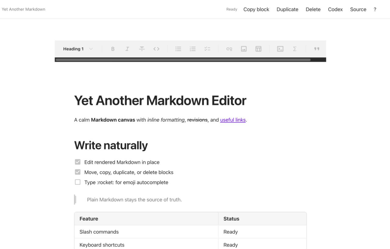 Rendered Markdown editor with formatting and block controls