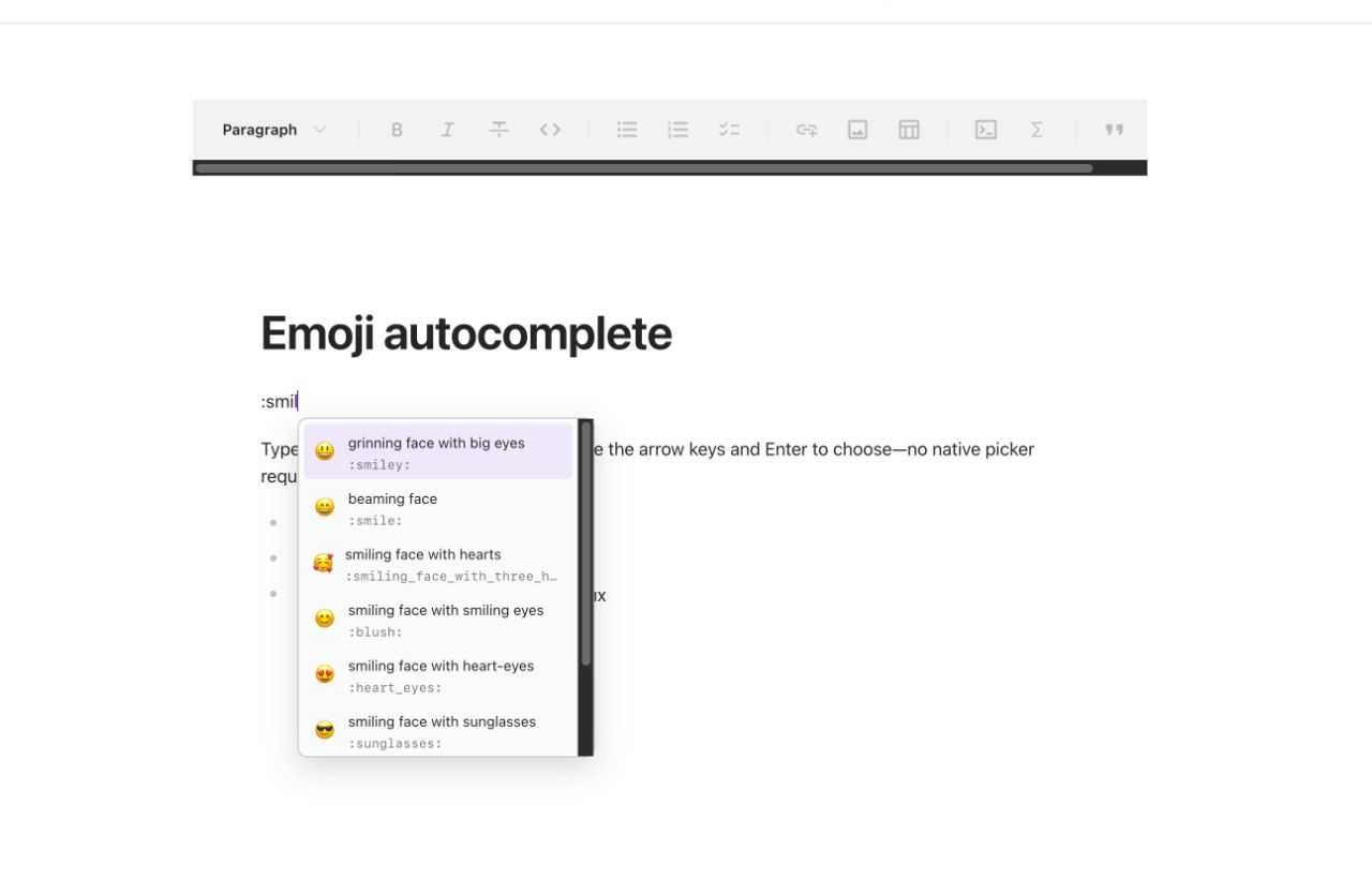 Emoji shortcode suggestions below the caret