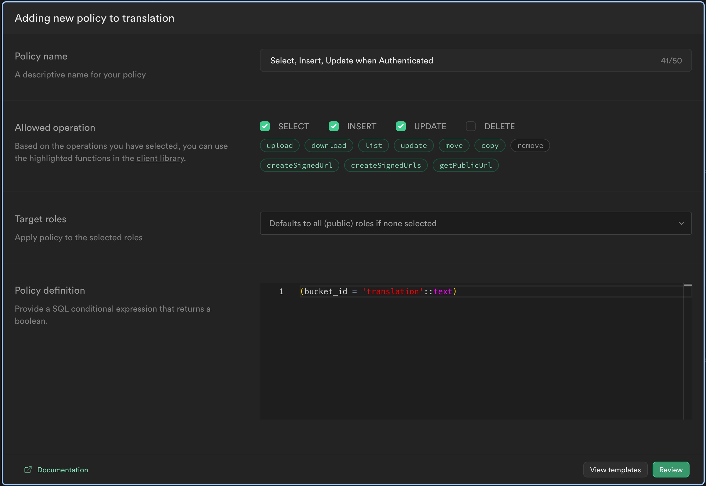 Screenshot of translation storage bucket policy