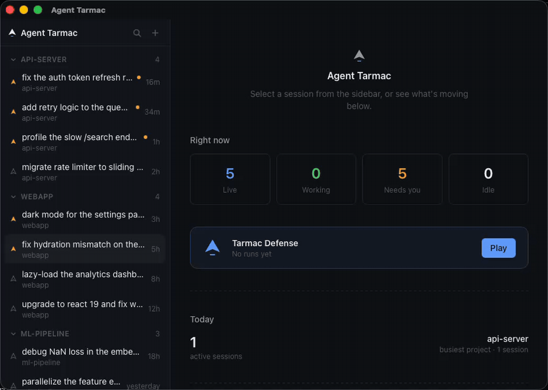 Agent Tarmac — activity-aware sidebar and embedded terminal, switching between sessions