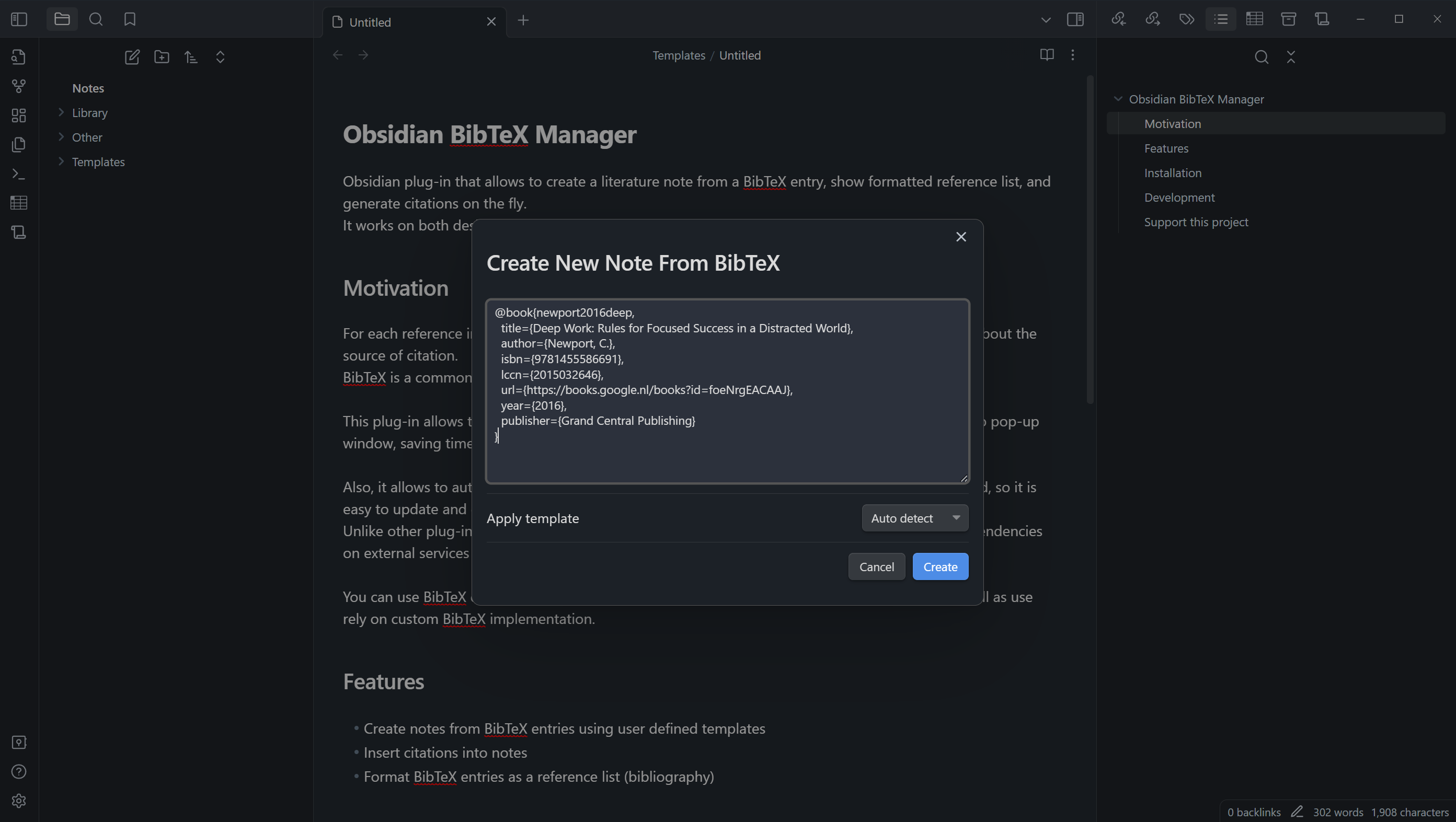 Create New Note in Obsidian BibteX Manager